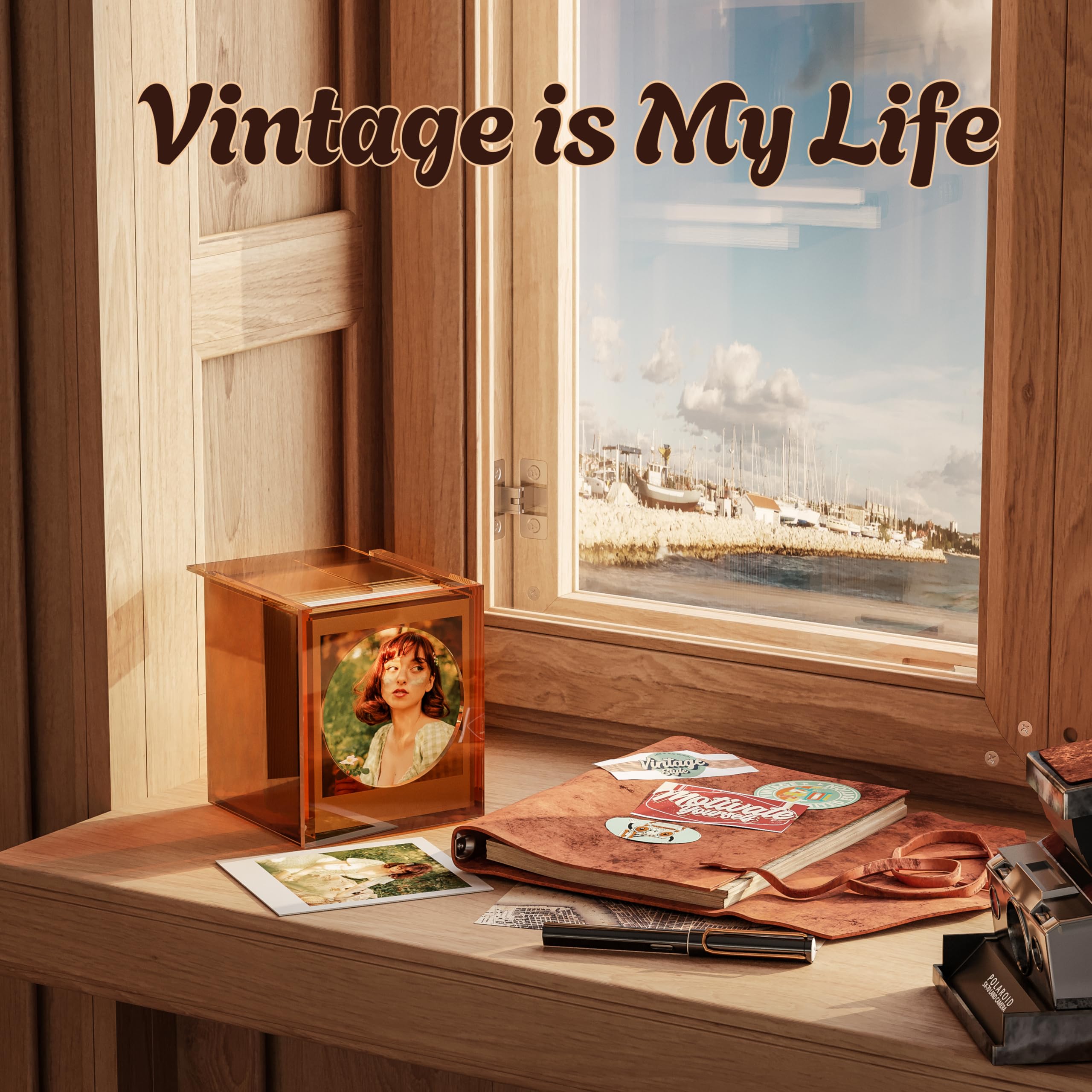 WINKINE Acrylic Polaroid Frame & Photo Storage Box, Vintage Amber, 4.2"x3.5", for i-Type/600/SX-70/Instax Square Film,