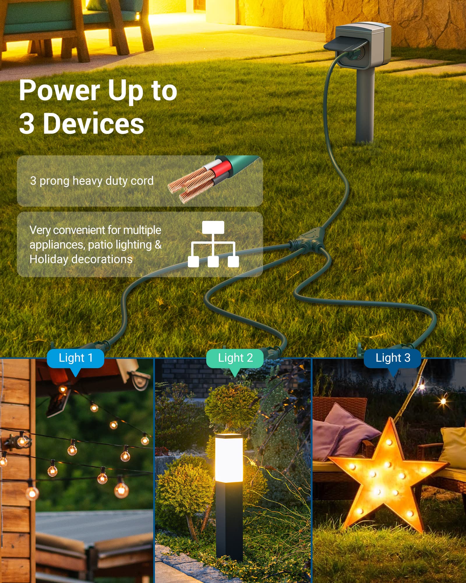 Dewenwils Christmas Outdoor Extension Cord 1 To 3 Splitter, Total 12Ft, 13A 125V 1625W 16/3C Sjtw Extension Cord Outdoor, Heavy