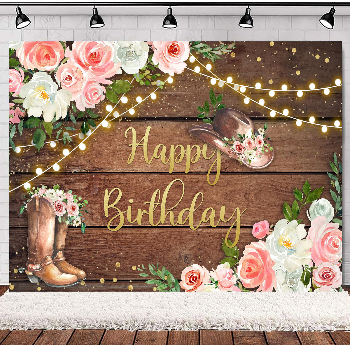 Svbright Cowgirl Birthday Backdrop 8Wx6H Western Rustic Country Wooden Plank Pink Flower Floral Happy Birthday Baby Shower Hat P