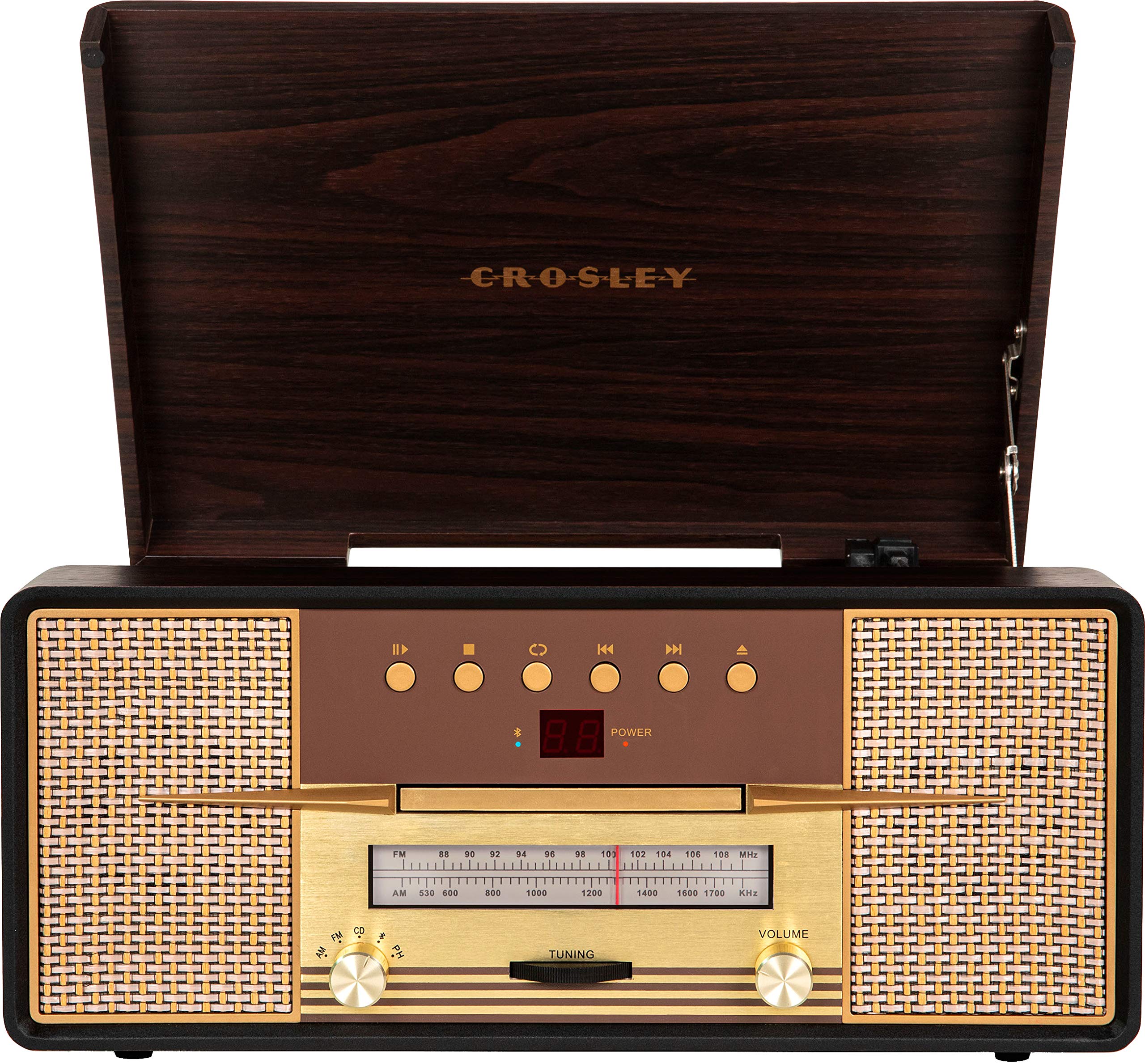Crosley CR7016A-MA Rhapsody 3-Speed Turntable with Bluetooth, AM/FM Radio, CD Player, and Aux-in, Mahogany
