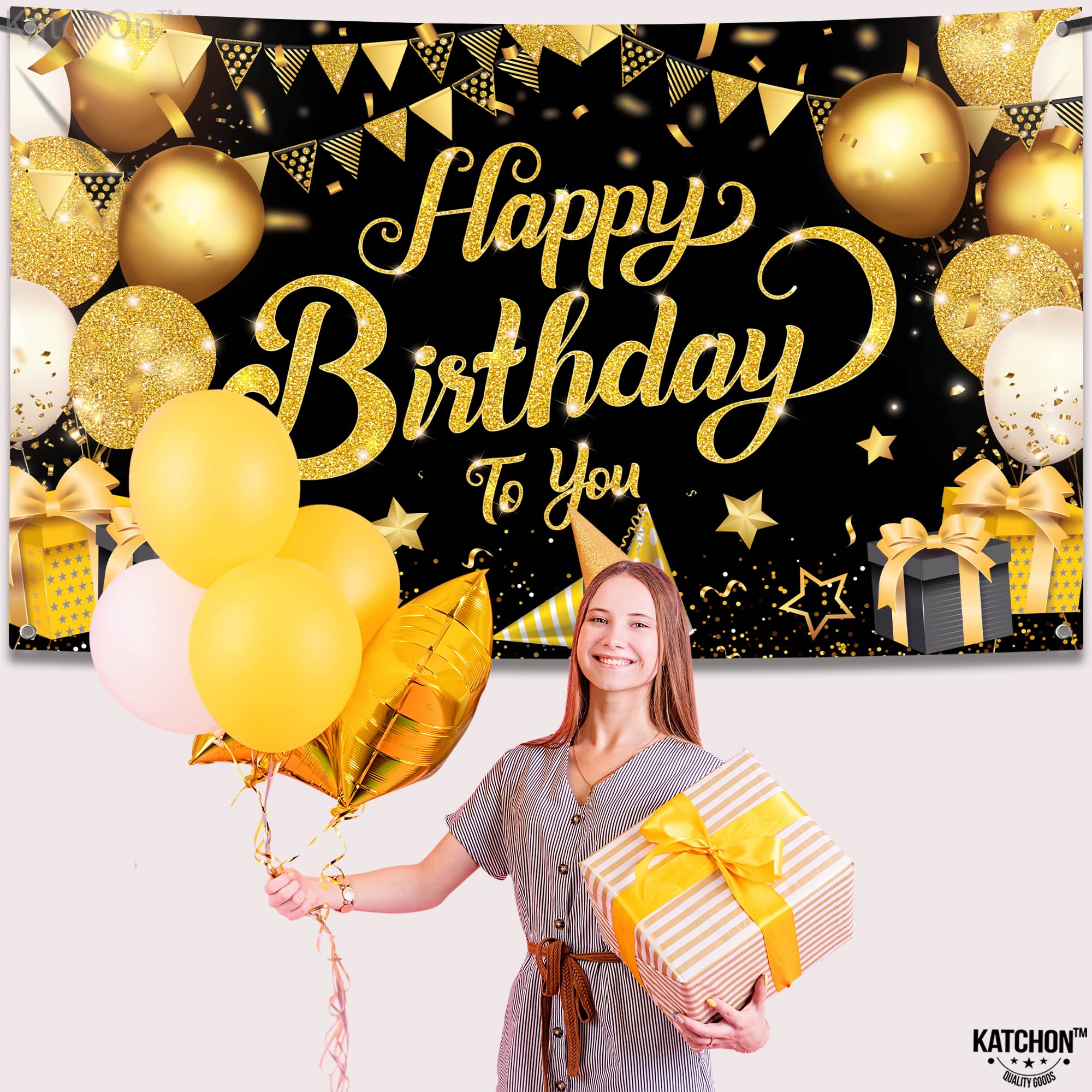Katchon, Black And Gold Happy Birthday Banner   Xtralarge, 72X44 Inch | Black And Gold Happy Birthday Backdrop, Happy Birthday D
