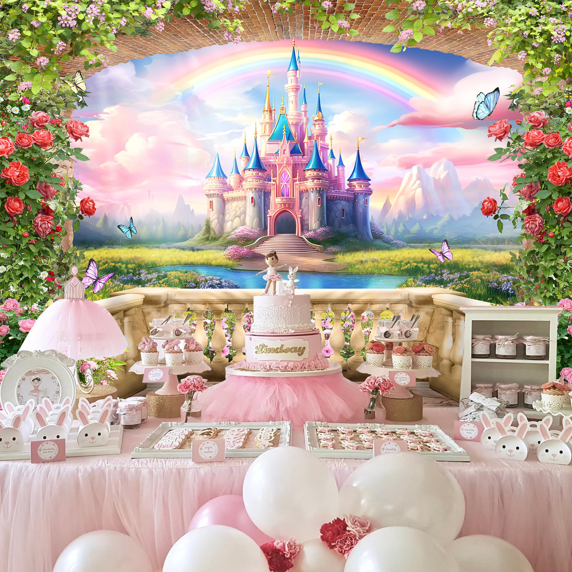 Riyidecor Pink Castle Backdrop Polyester Fabric Princess Flower Blossom Spring Floral Butterfly 8Wx6H Feet Fairy Fantasy Balcony