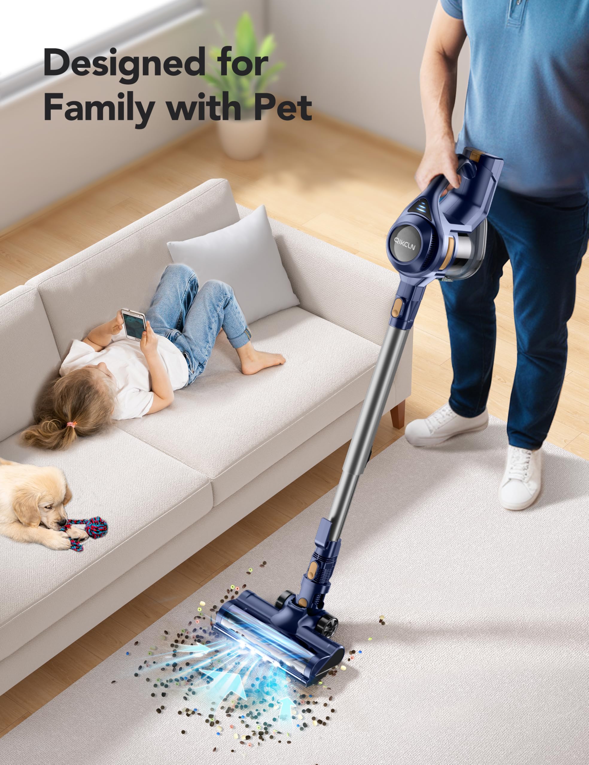 Qikcln Cordless Vacuum Cleaner, Rapid Clean 23 Kpa Powerful Suction, 1.3 L Large Capacity, 2 Modes & 30Mins Runtime, Rechargeabl