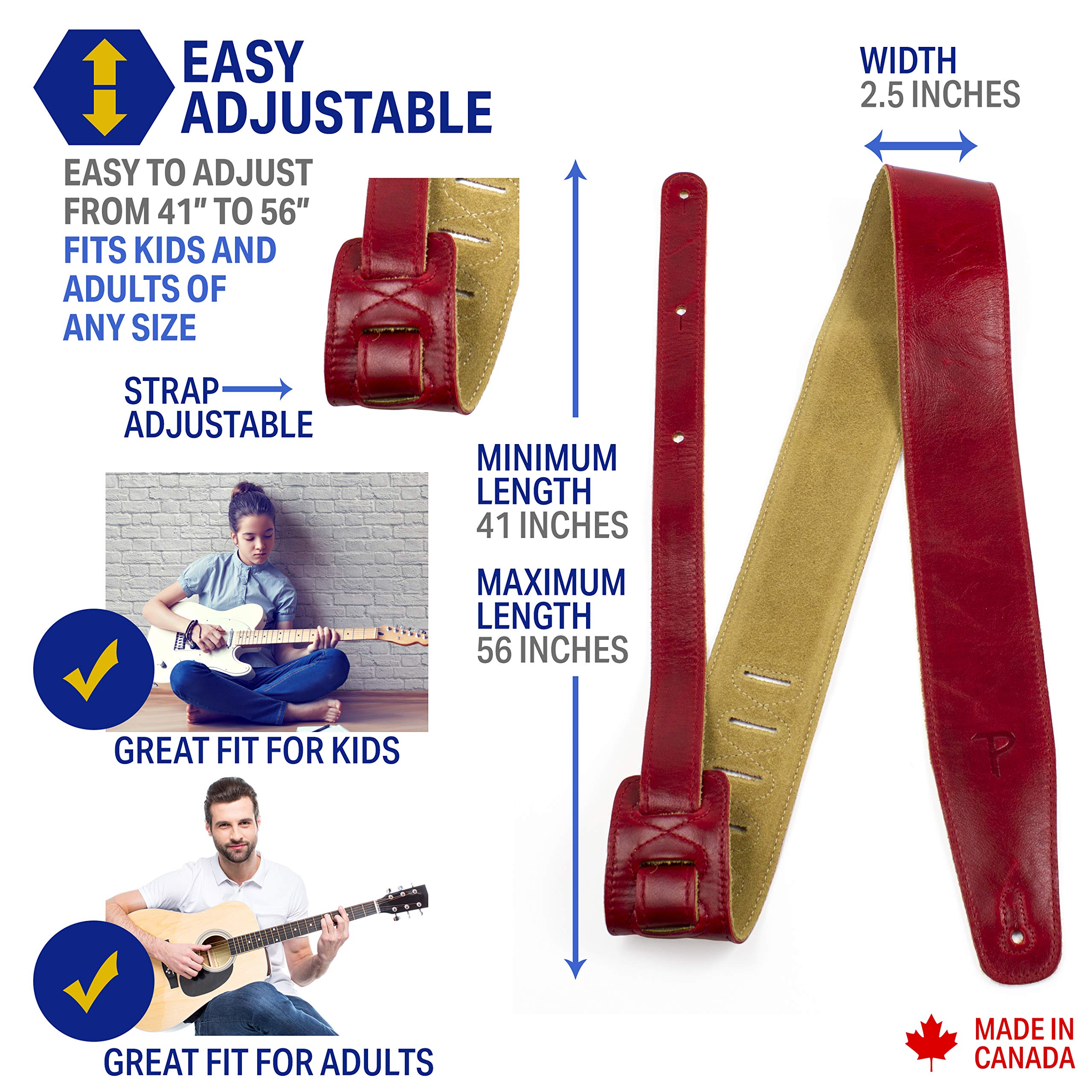 Perri'S Leathers, Leather Guitar Strap With Super Soft Suede Backing, Cherry Red, Anti Slip, Classic, Suitable For Each Level, A