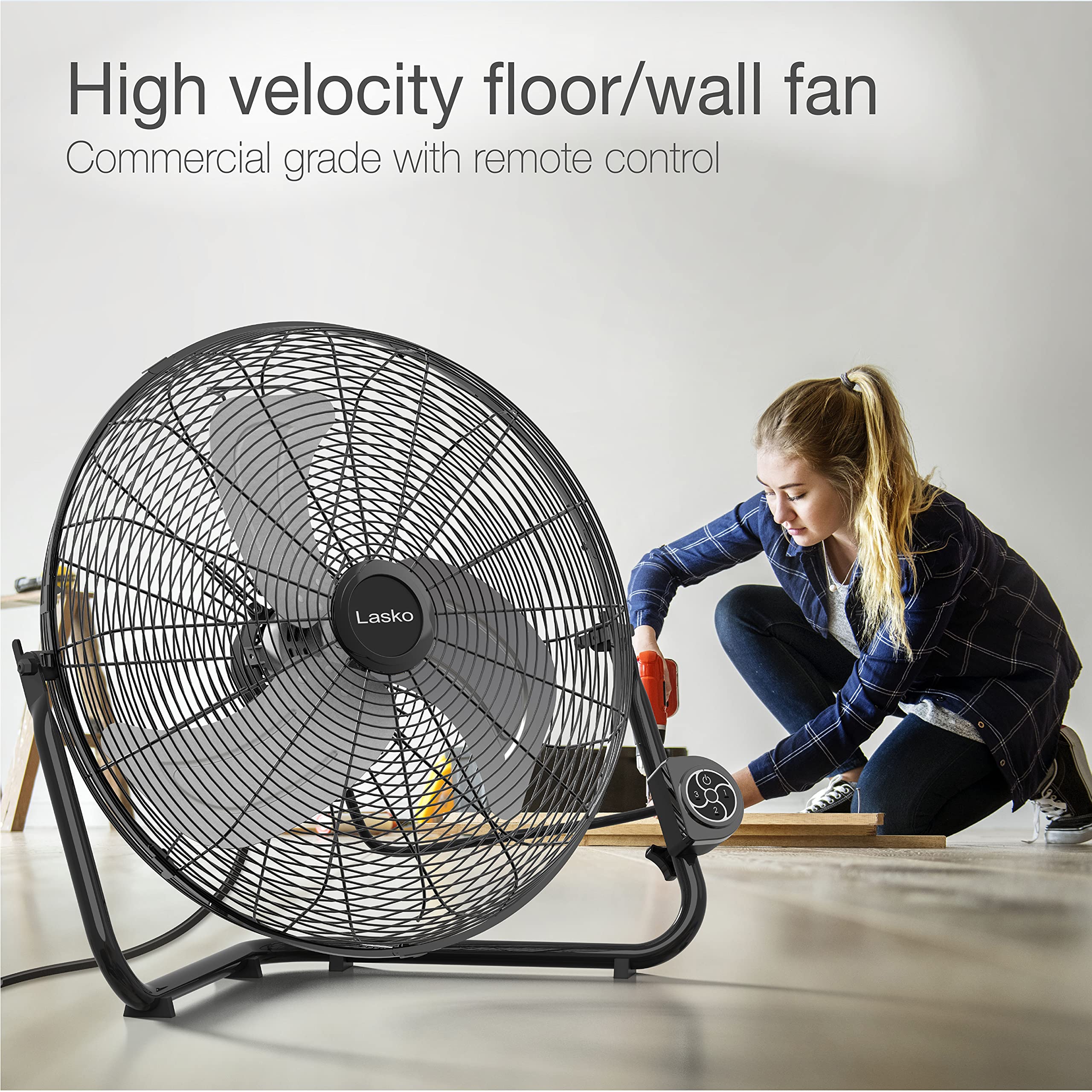 Lasko High Velocity Fan With Quickmount For Floor Or Wall Mount Use, 3 Powerful Speeds, Remote Control For Garage, Shop, Attic, 20', Black, H20660, Large