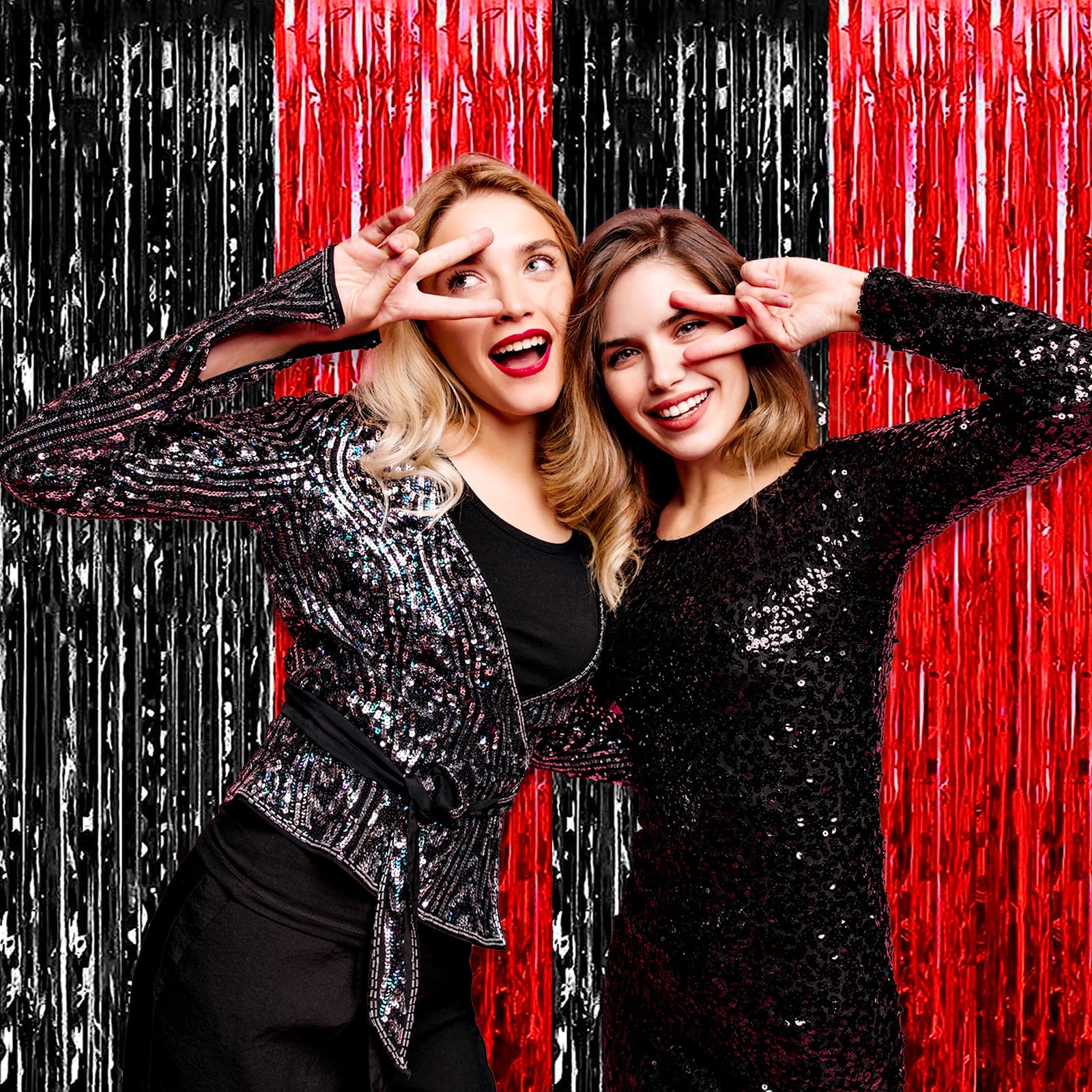 3 Pack Black Red Foil Fringe Curtain Backdrop, 3.28Ft X 8.2Ft Metallic Tinsel Foil Fringe Streamer Curtains For Photo Booth, Val