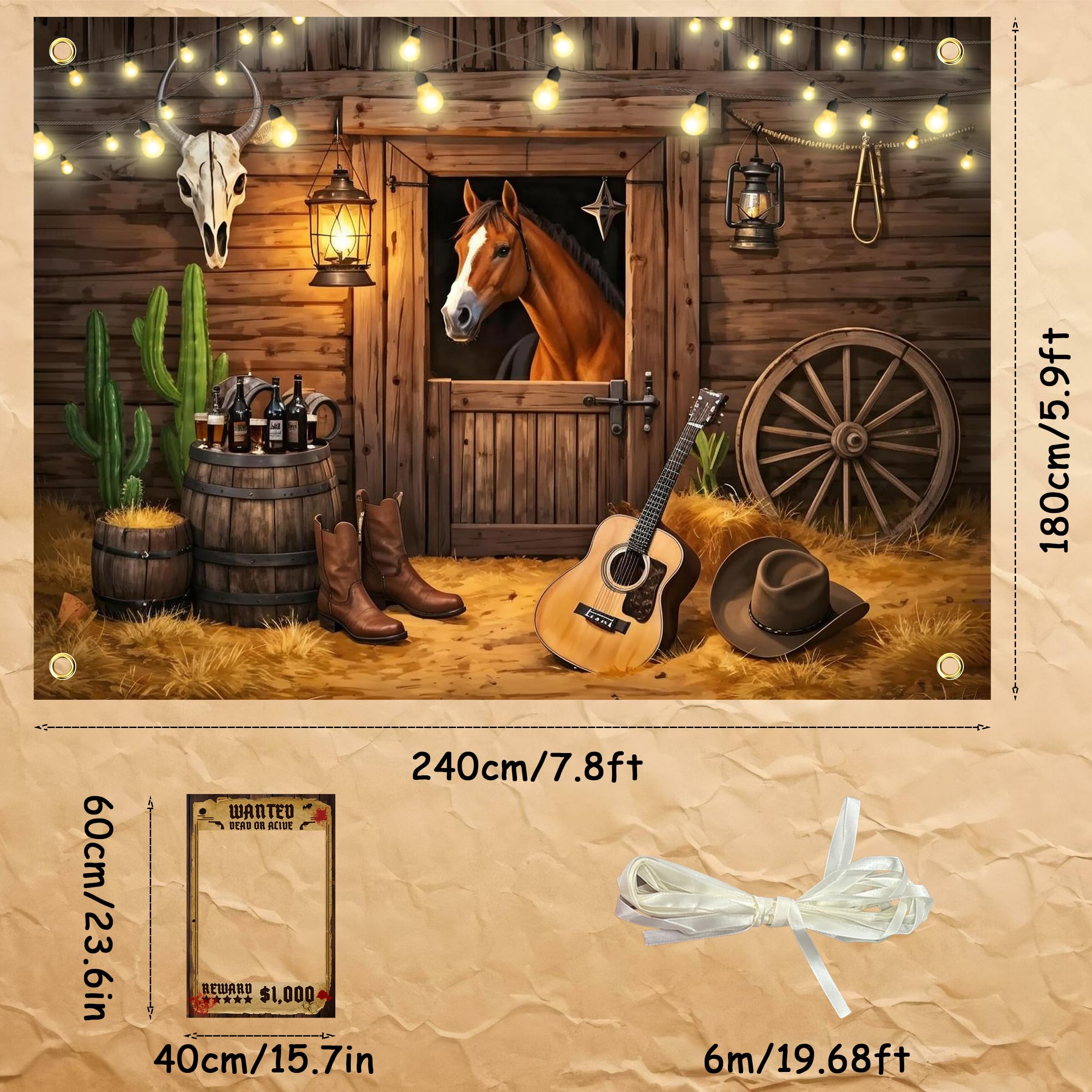 Large Western Backdrop For Photoshoot 8X6Ft Cowboy Backdrop Wild West Wooden Barn Horse Photo Background With 19.68Ft Rope And W