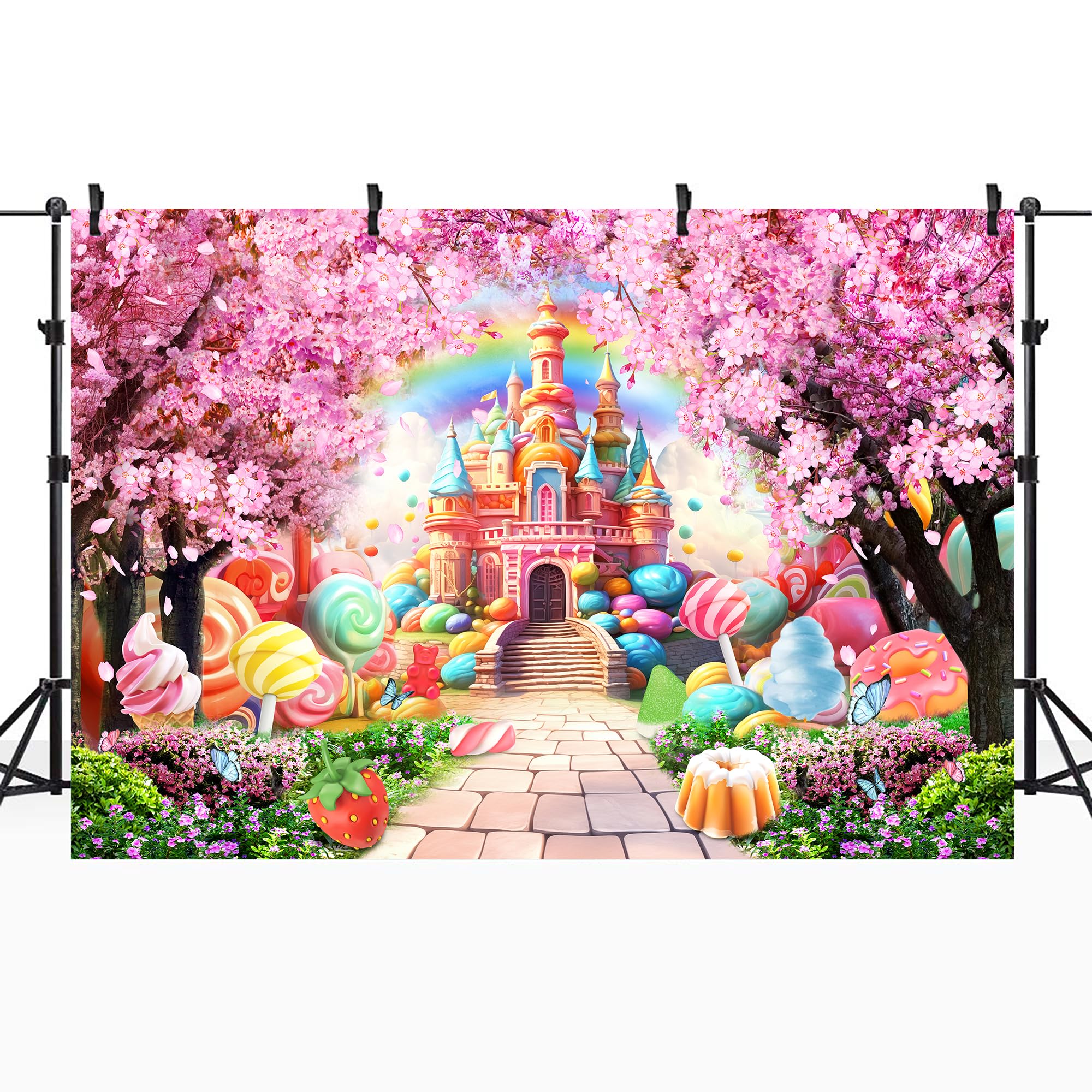Riyidecor Princess Candyland Castle Backdrop Pink Fairy Sakura Rainbow 7Wx5H Feet Flower Floral Fantasy Tale Wonderland Photogra