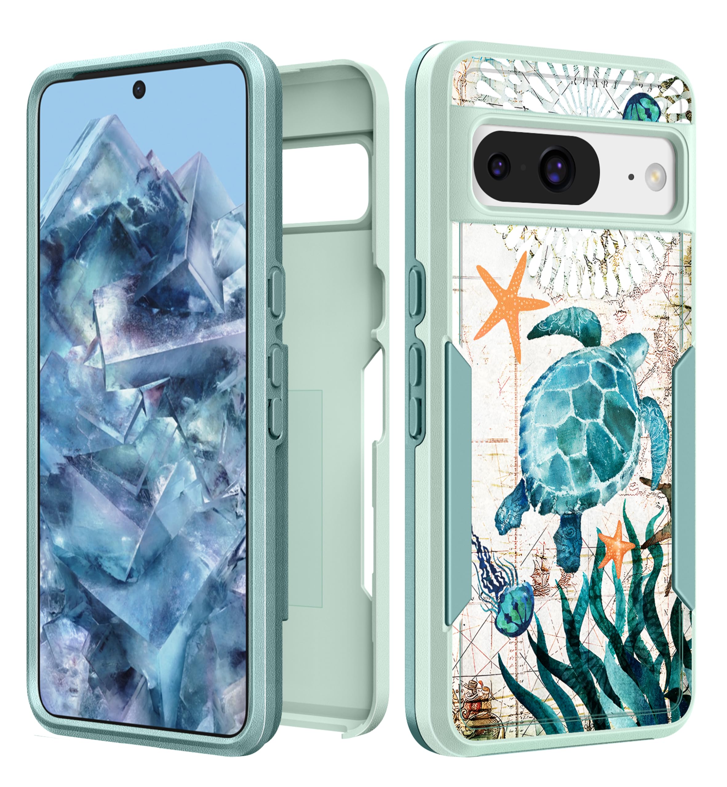 Plakill for Google Pixel 8 Case Women - Cute Girls Cover Kawaii Girly Aesthetic Unique Design Turtles Heavy Duty Protective Shoc