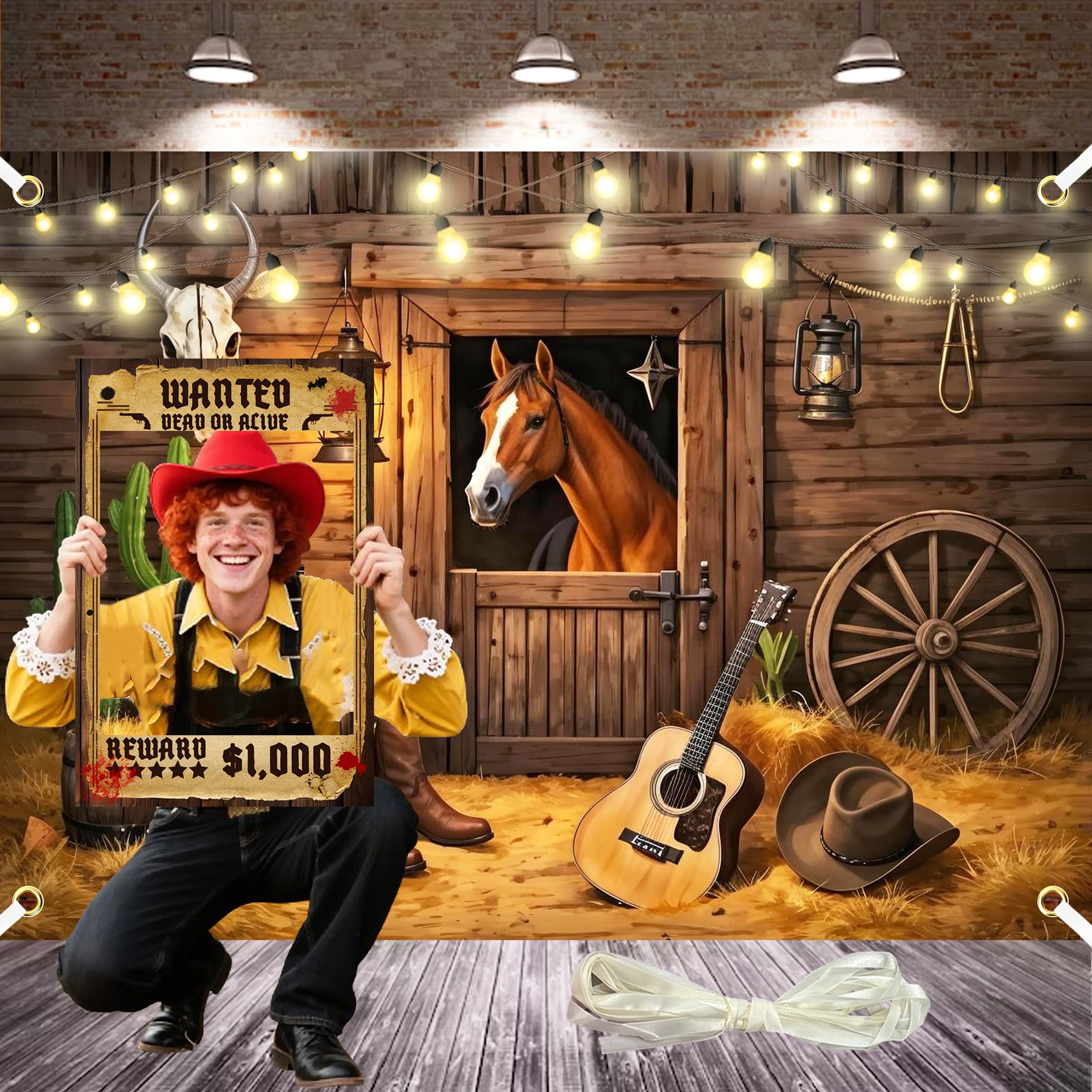 Large Western Backdrop for Photoshoot 8x6Ft Cowboy Backdrop Wild West Wooden Barn Horse Photo Background with 19.68Ft Rope and W