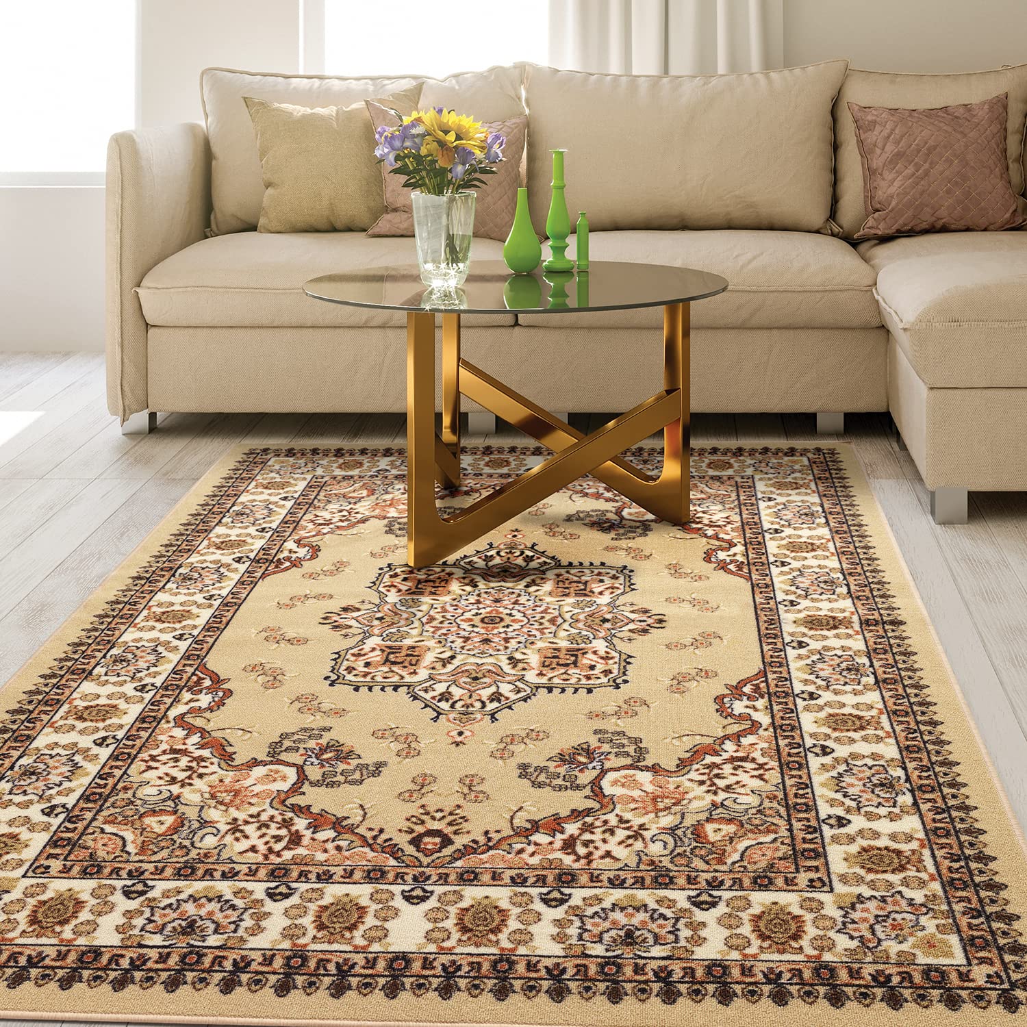 Antep Rugs Alfombras Oriental Traditional 3X5 Non Skid (Non Slip) Low Profile Pile Rubber Backing Indoor Area Rugs (Beige, 3 X 5