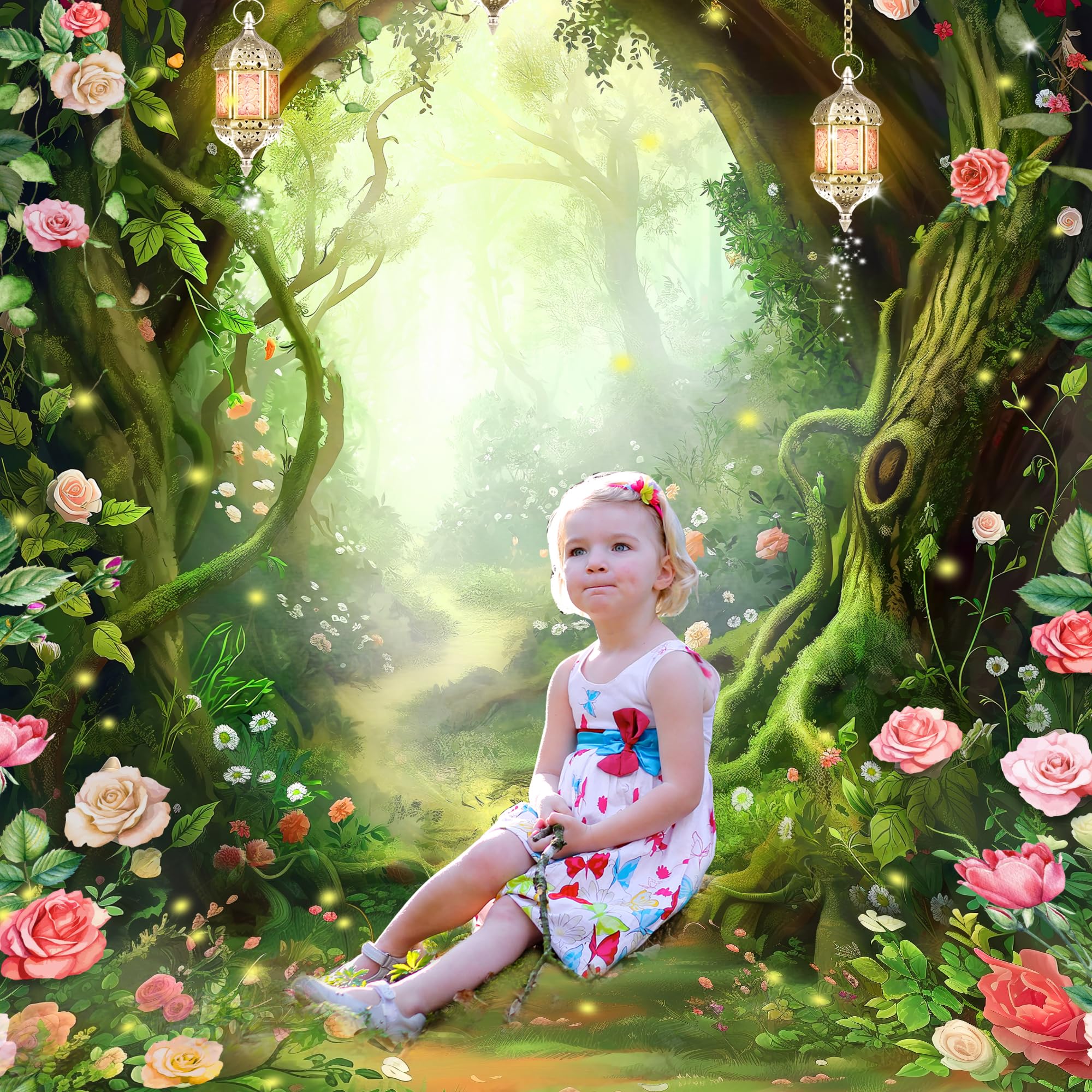 Riyidecor Enchanted Fairy Backdrop Polyester Fabric Greenery Woodland Tale Wonderland Flower Rose Fantasy Spring Nature Tree 5Wx