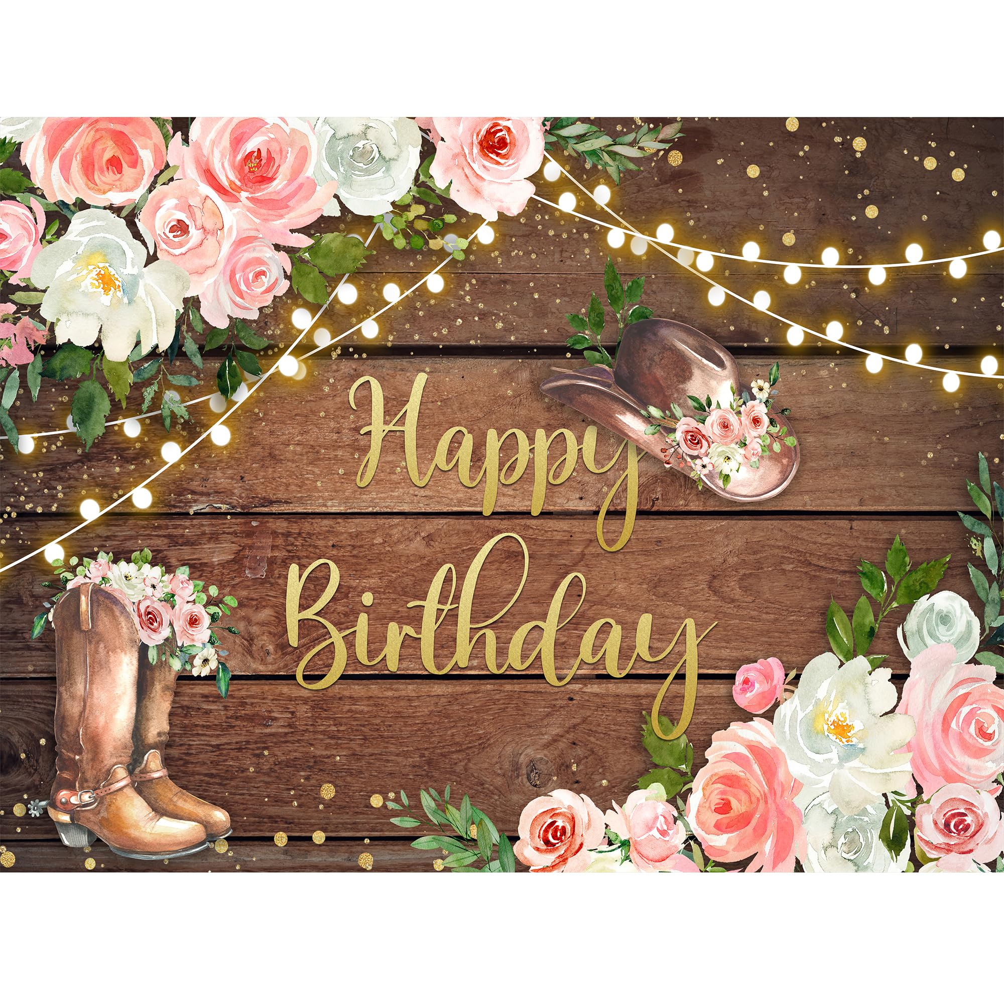 Svbright Cowgirl Birthday Backdrop 8Wx6H Western Rustic Country Wooden Plank Pink Flower Floral Happy Birthday Baby Shower Hat P