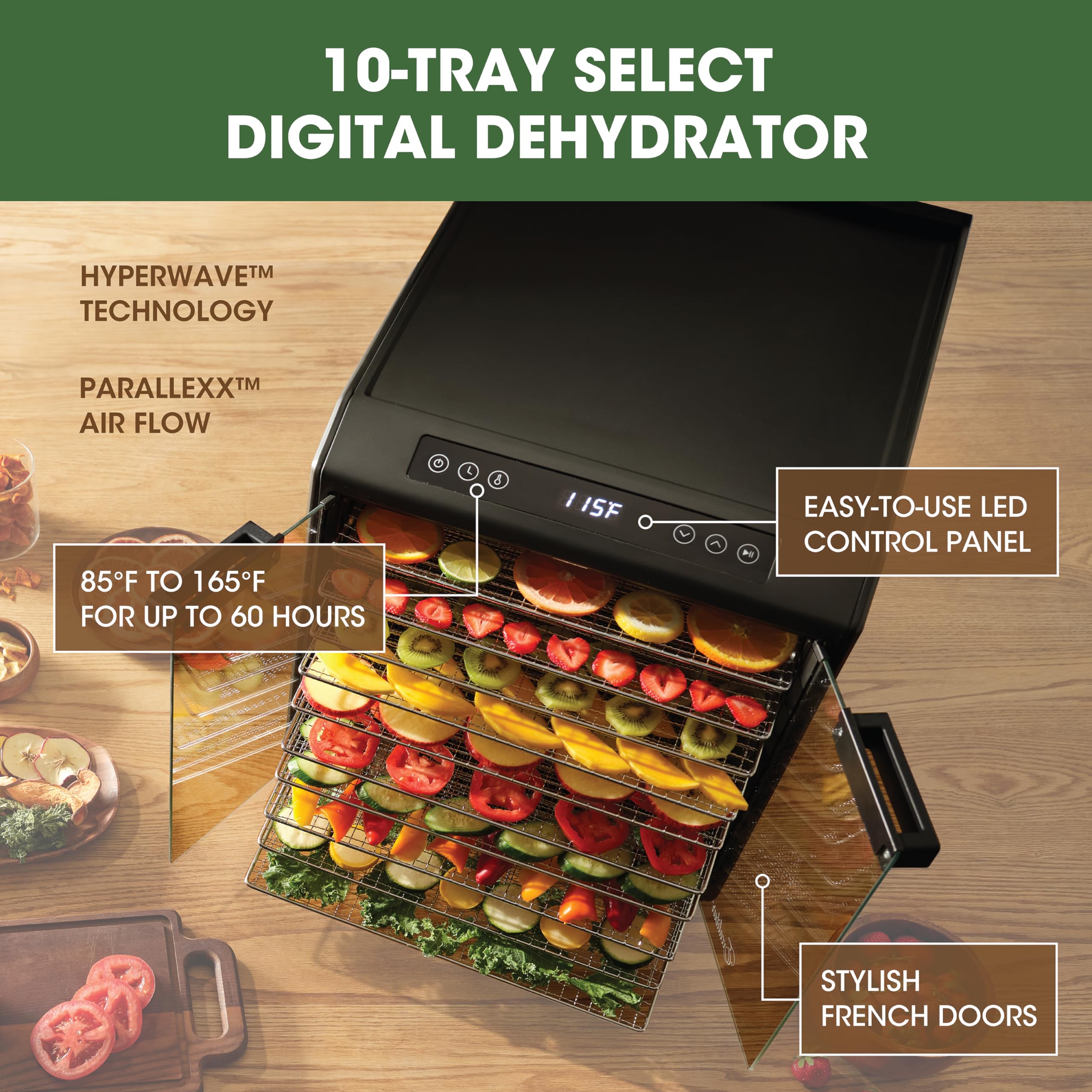 Excalibur Electric Food Dehydrator Select Series 10 Tray With Adjustable Temperature Control Includes Chrome Plated Drying Trays