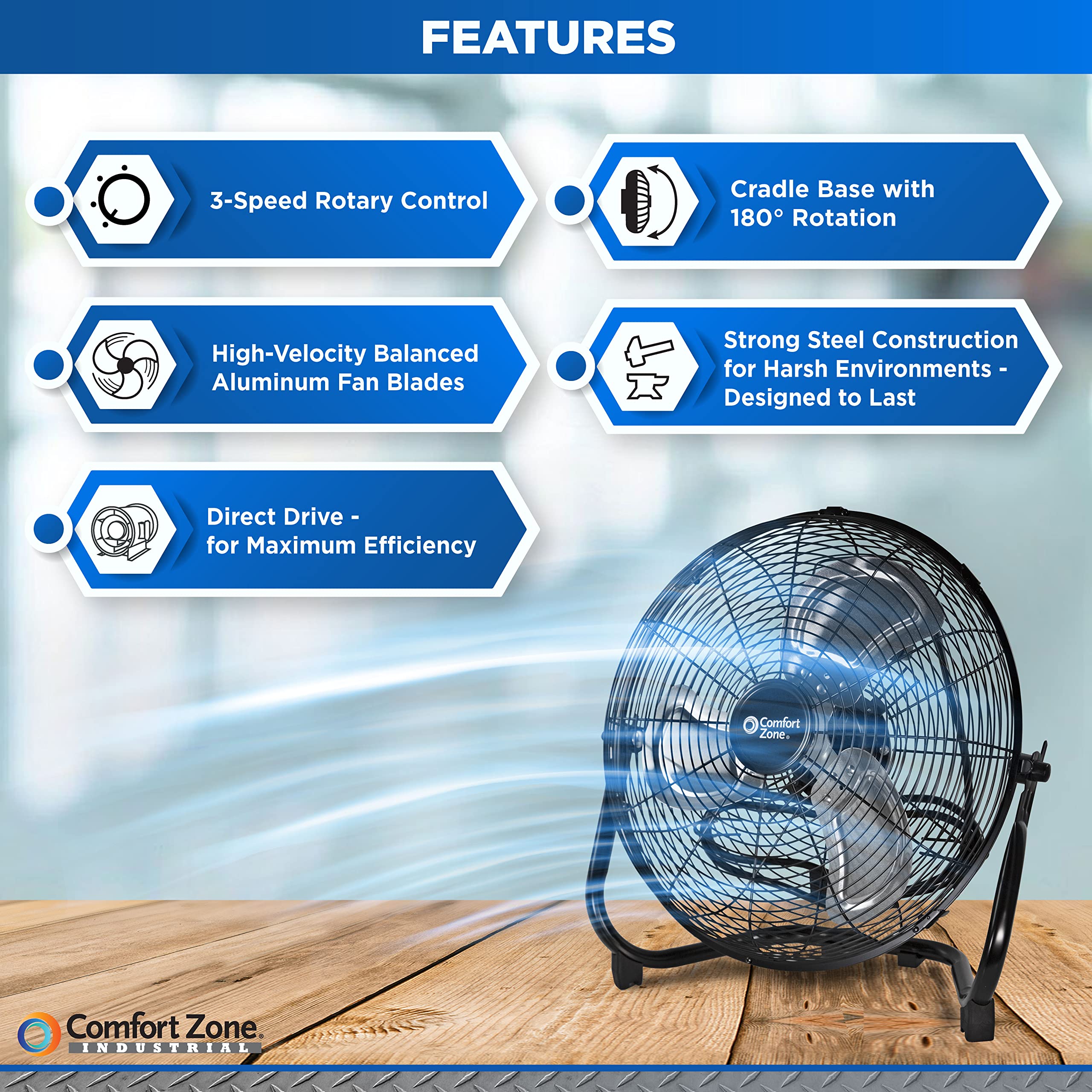 Comfort Zone Cradle Floor Fan, Electric, High Velocity,180 Degree Adjustable Tilt, 14 Inch, 3 Speed, Carry Handle, Rubber Feet,