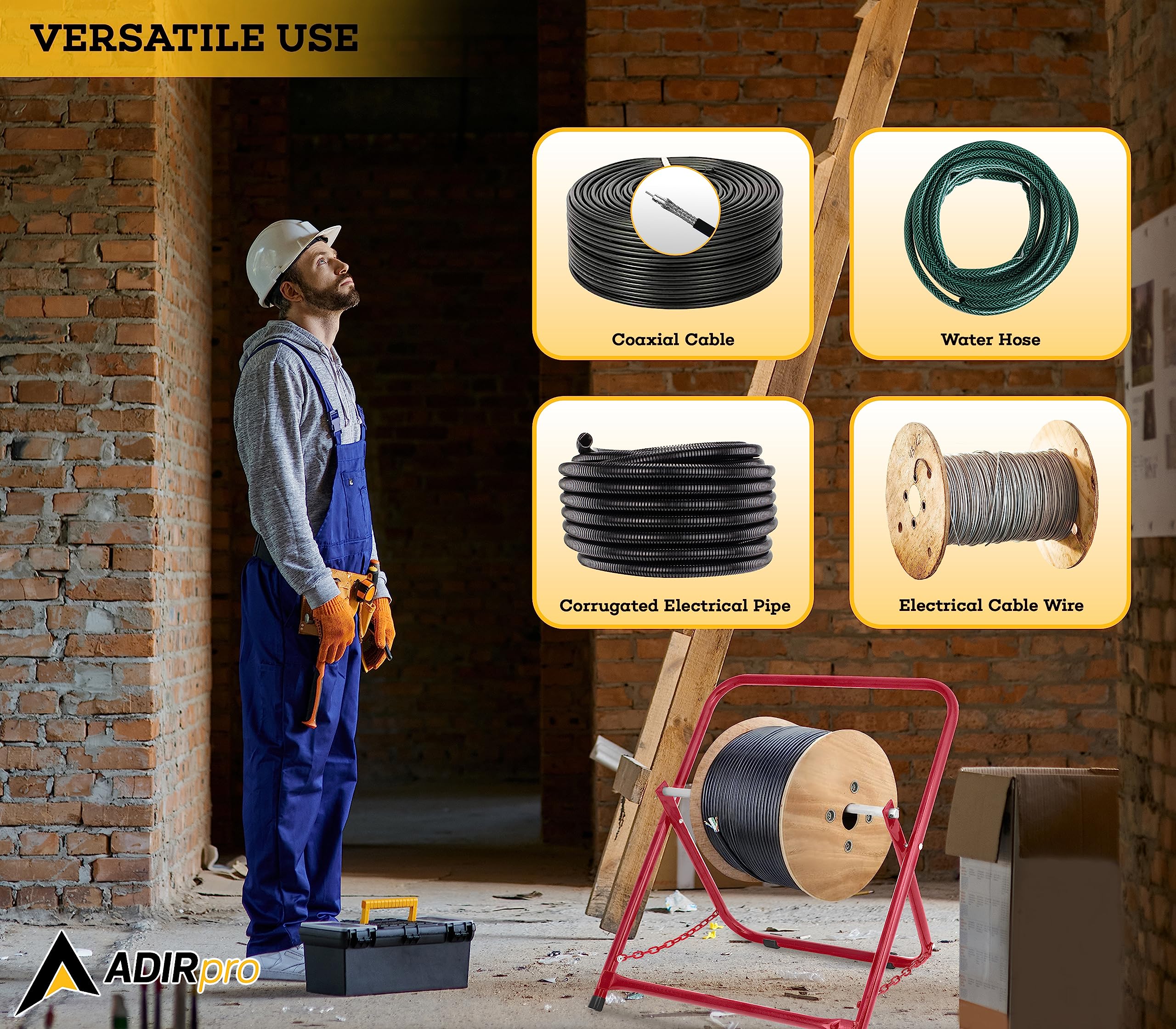 Adirpro Durable Single Axle Cable Caddy - Commercial Industrial Grade Steel Wire Dispenser - Compact Design Holds Cable Reels Up