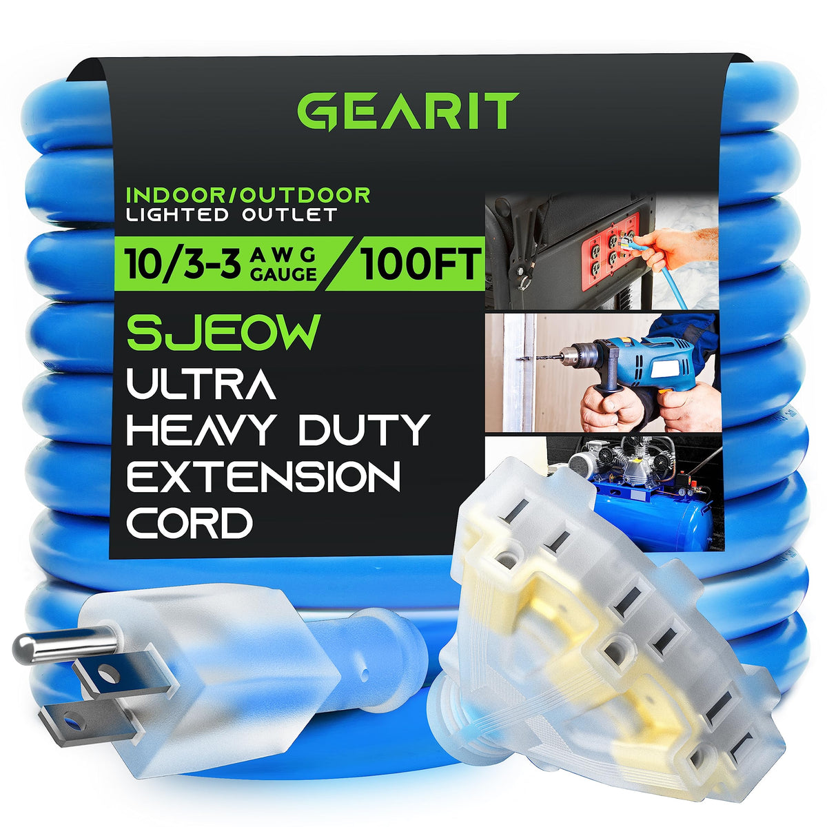 Gearit Extension Cord 100 Feet 10/3 3 Triple Outlet Ultra Heavy Duty Sjeow Extreme Weather Outdoor/Indoor   10 Gauge 3 Prong, Le