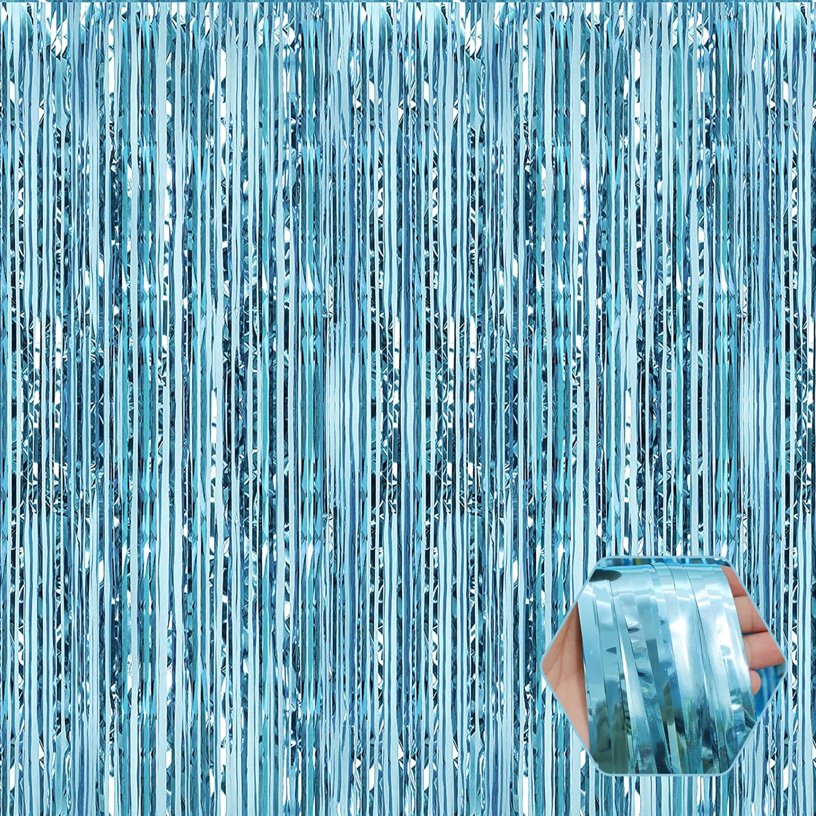 6 Pack Light Blue Foil Fringe Curtain Backdrop, 3.28Ft x 8.2Ft Metallic Tinsel Foil Fringe Streamer Curtains for Photo Booth, Ch