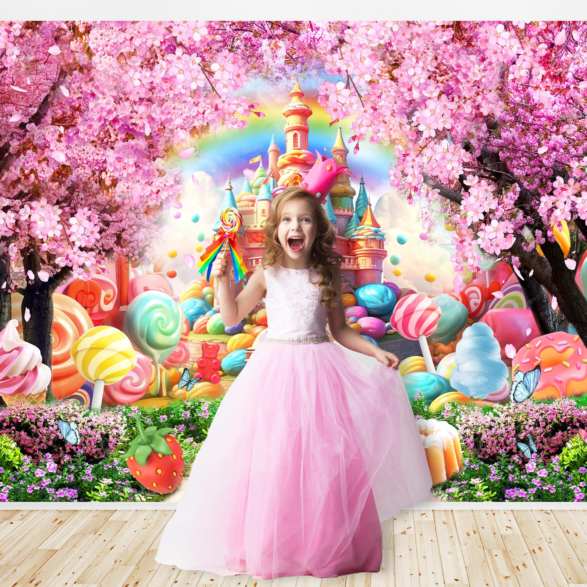 Riyidecor Princess Candyland Castle Backdrop Pink Fairy Sakura Rainbow 7Wx5H Feet Flower Floral Fantasy Tale Wonderland Photogra
