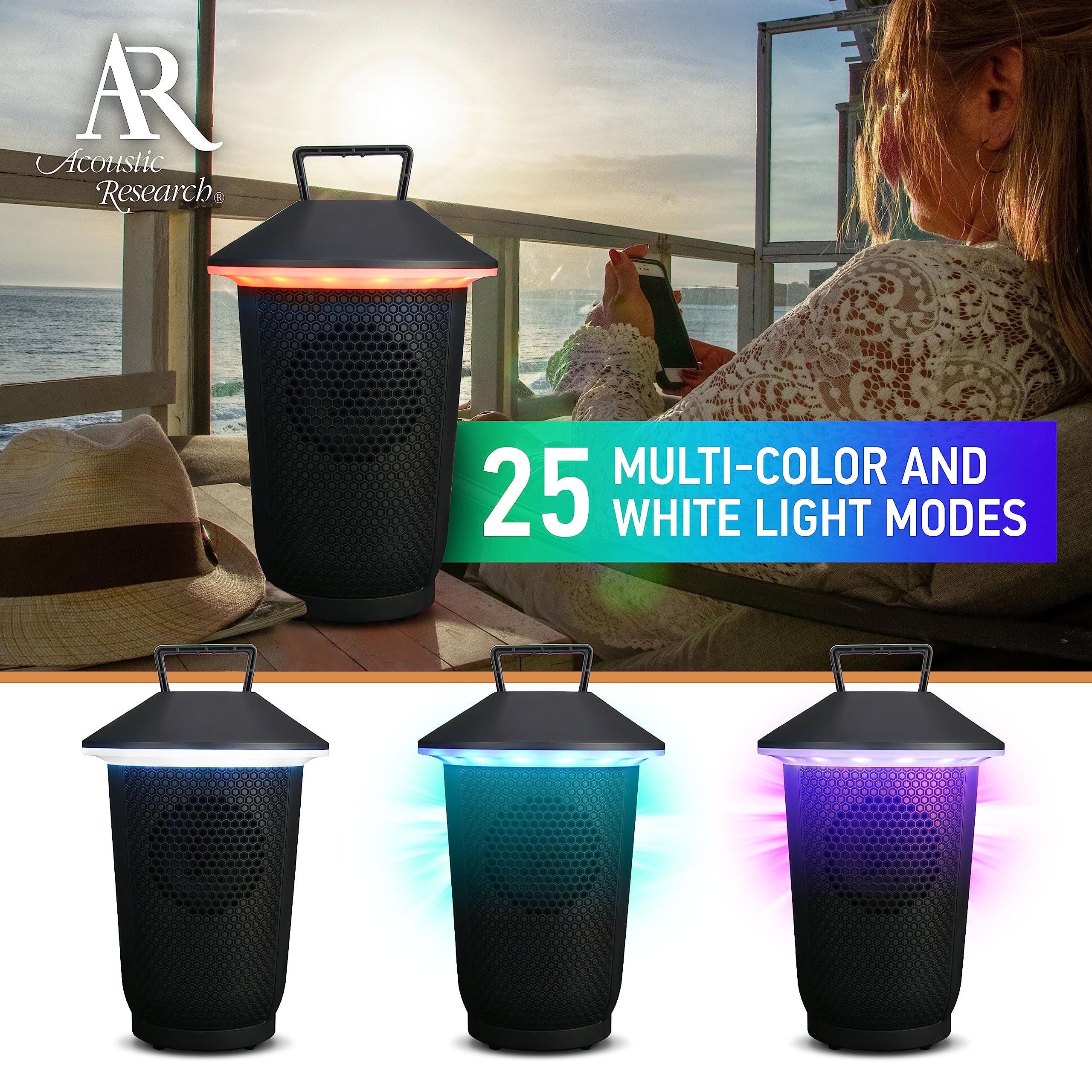 Acoustic Research Permium Rechargeable Indoor &Outdoor Bluetooth Wireless Speaker, Ipx4 Water Resistant, 25 Multi Color And Whit