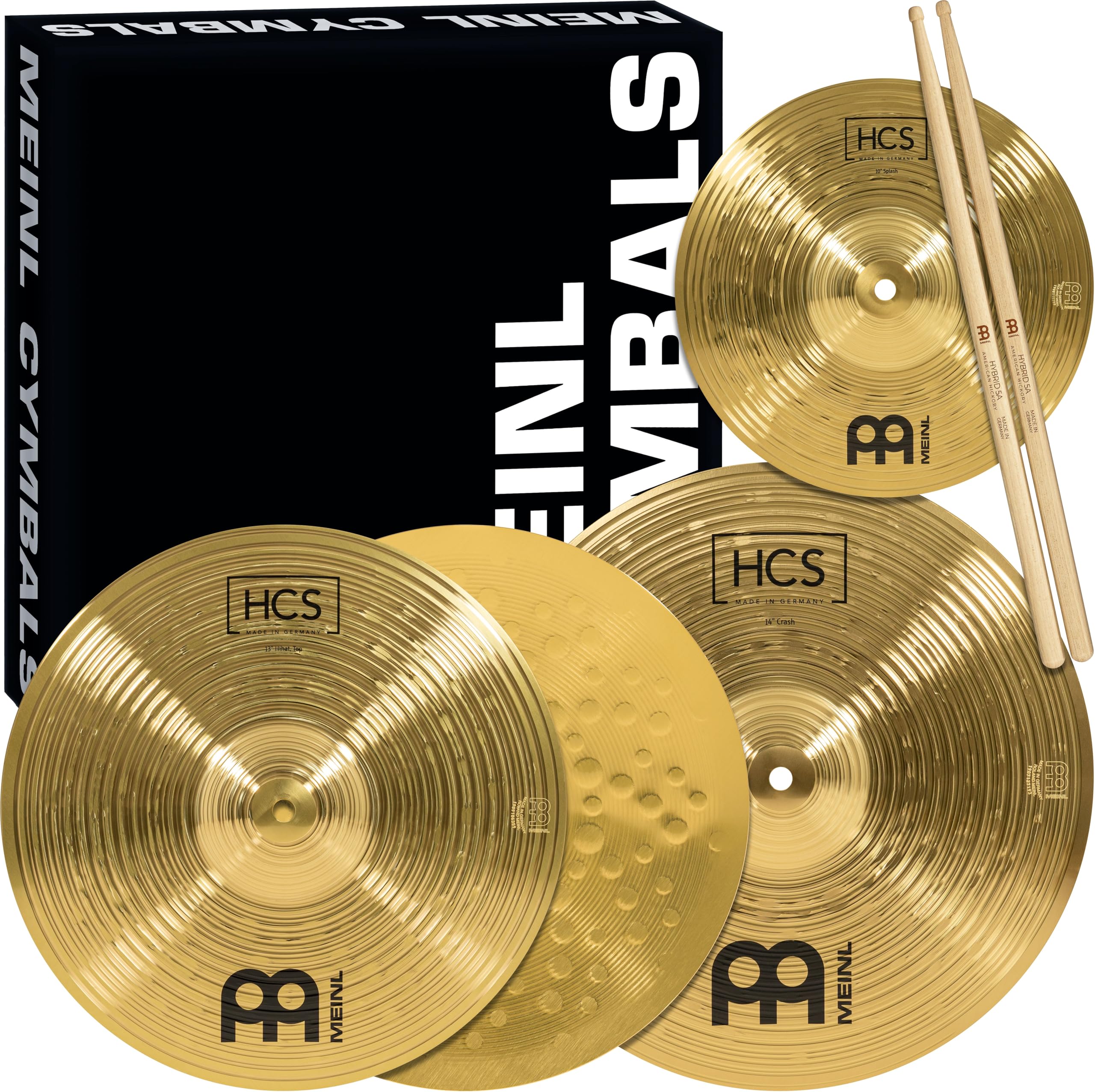 Meinl Cymbals Hcs Cymbal Set Box Pack For Drums Hihats, Crash, Plus Free Splash, Sticks, Lessons   Made In Germany   Durable Bra