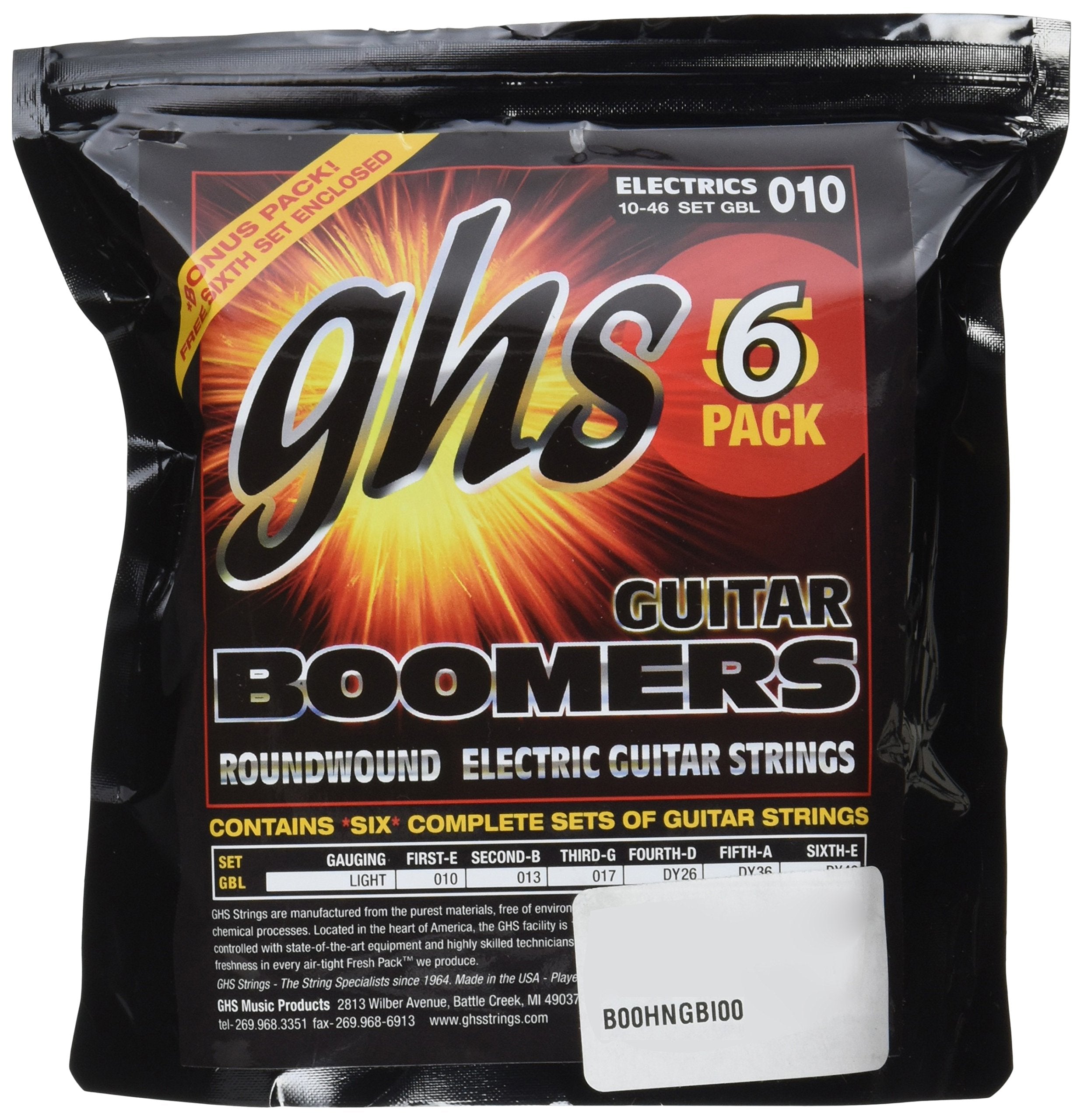 Ghs Strings Gbl 5 Guitar Boomers, Nickel Plated Electric Guitar Strings, Light, 6 Pack (.010 .046)