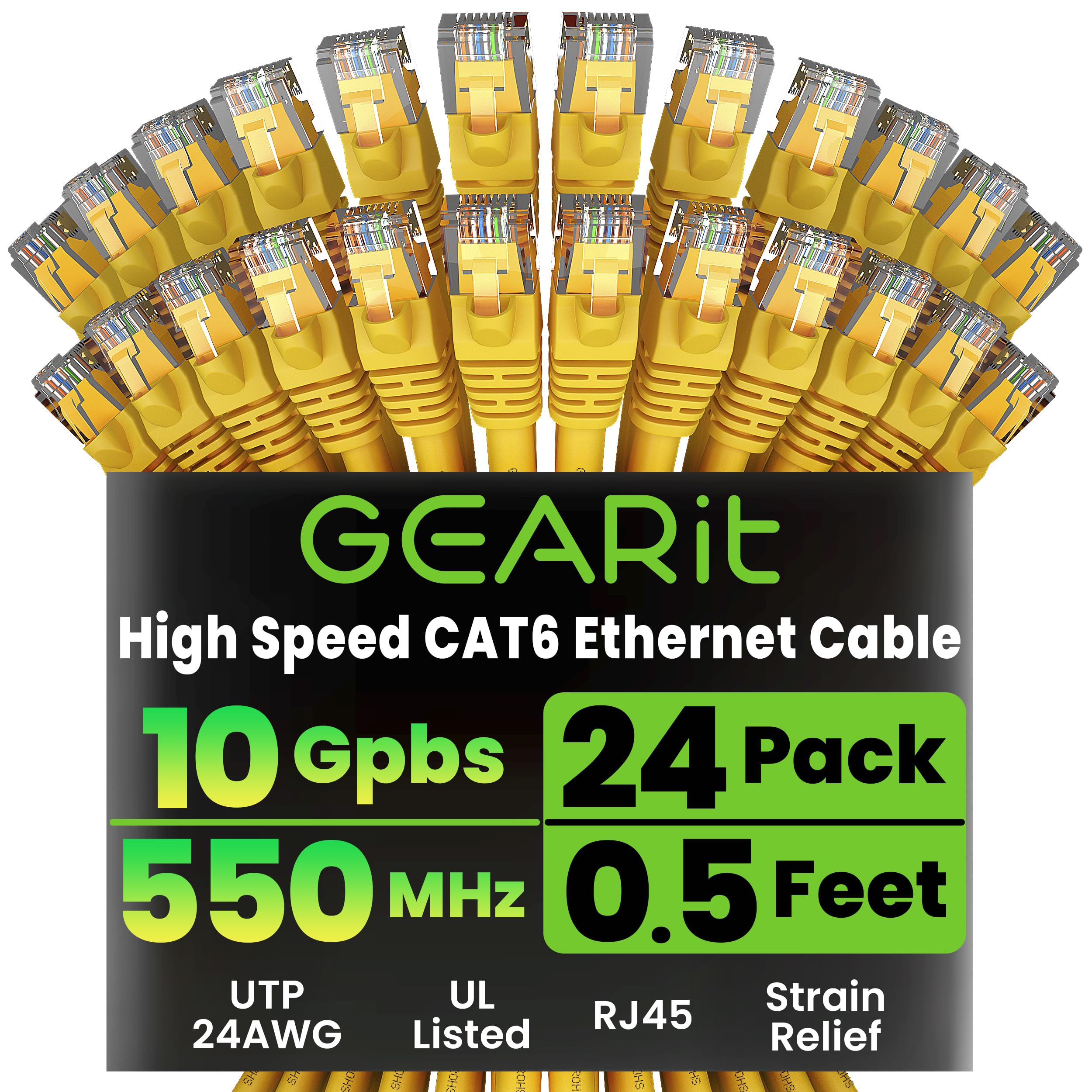 GearIT Cat 6 Ethernet Cable (24-Pack 0.5 Feet) Cat6 Network Patch, 10Gbps, RJ45, Snagless Cord, Gold-Plated Connectors, Internet