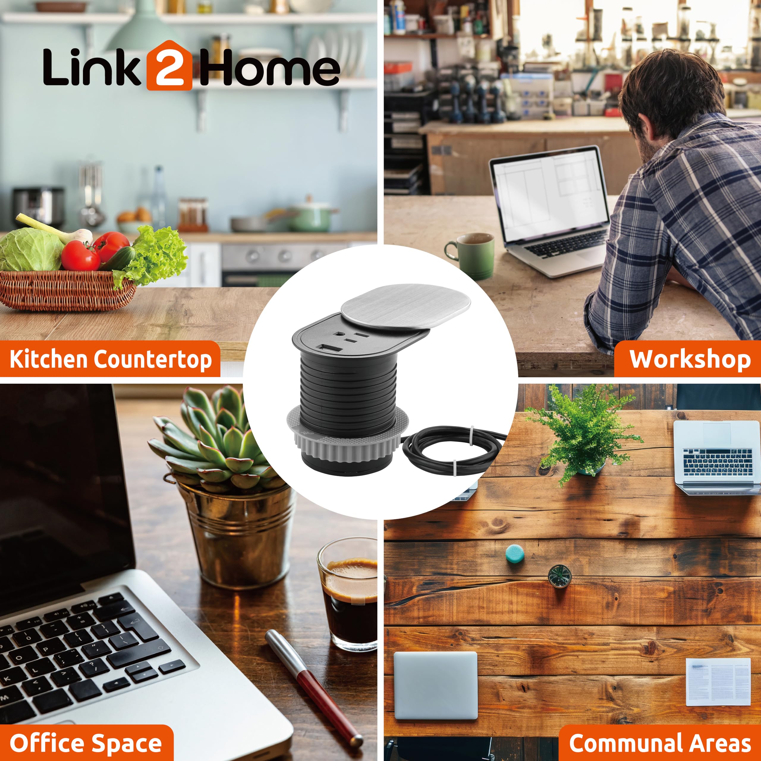Link2Home Space Saver Grommet Socket With Usb, 1 Power Outlet 15A, 1 Usb Port 2.4A Fast Charge, Splash Resistant, And Stainless