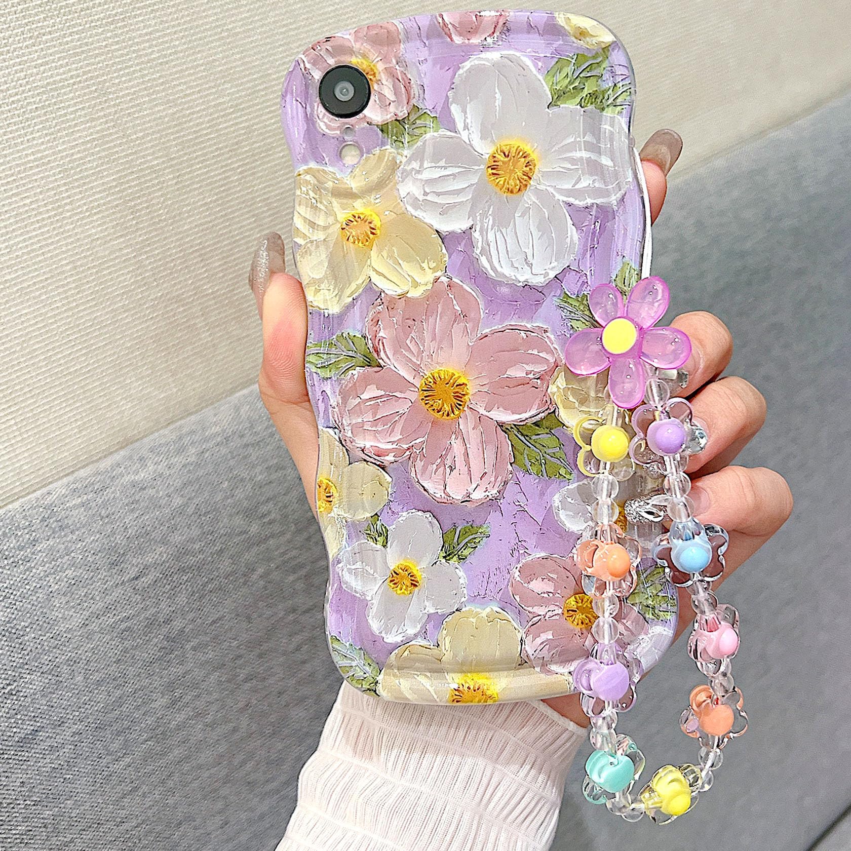 for iPhone XR Curly Wavy Case, Cute Colorful Retro Oil Painting Flower Glossy Pattern [with Bead Chain], Slim Fit Shockproof Pro