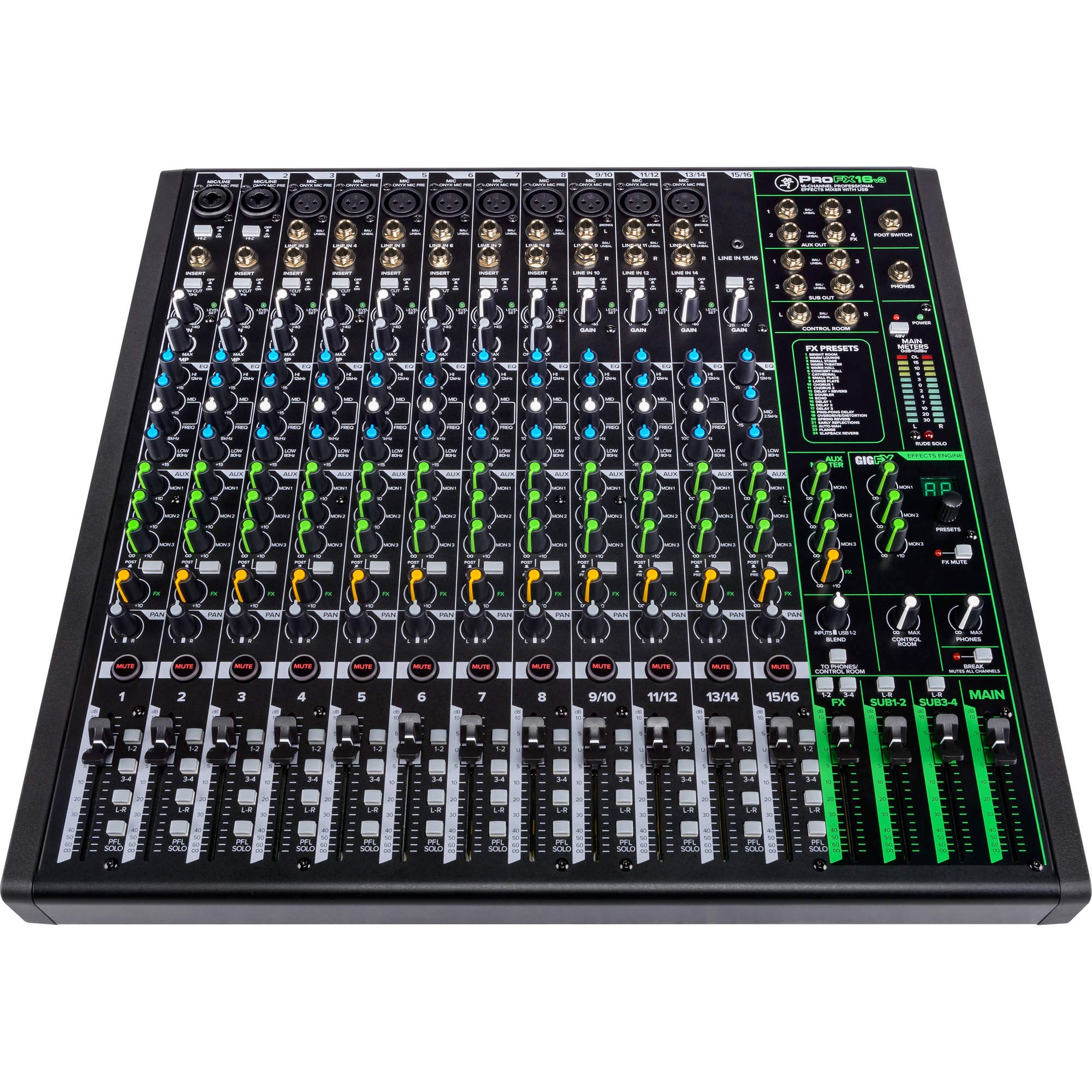 Mackie Profx16V3 16-Channel Professional Analog Mixer With Usb, Onyx Mic Preamps And Gigfx Effects Engine