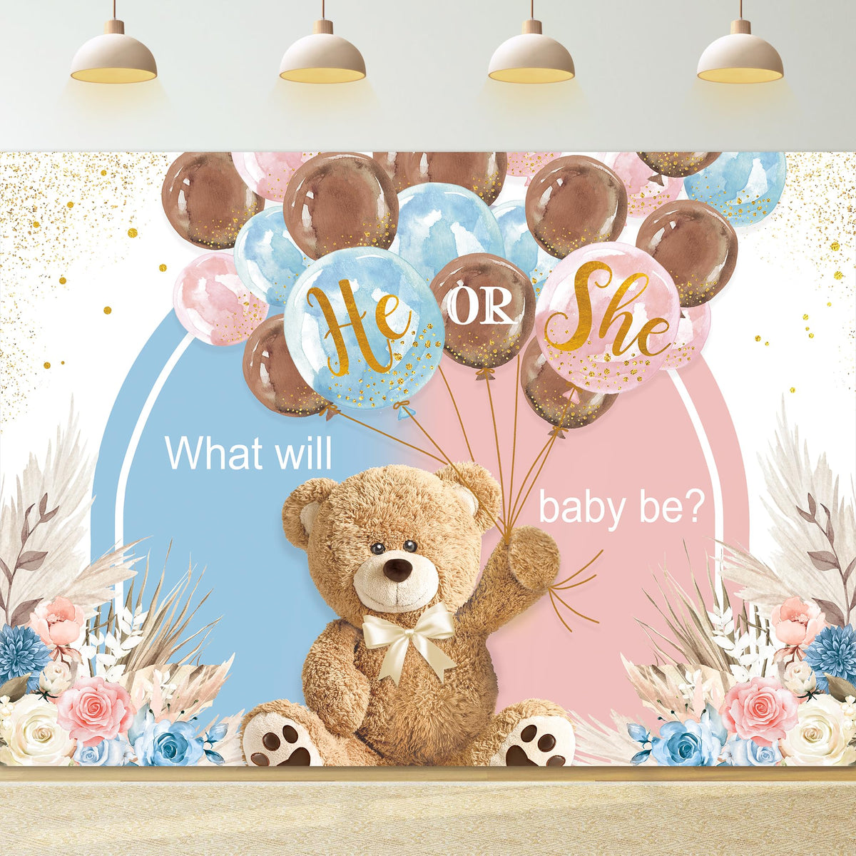 Imirell Bear Gender Reveal Backdrop 7Wx5H Feet Pink Blue He Or She What Will Baby Be Boho Flower Pampas Balloon Polyester Fabric