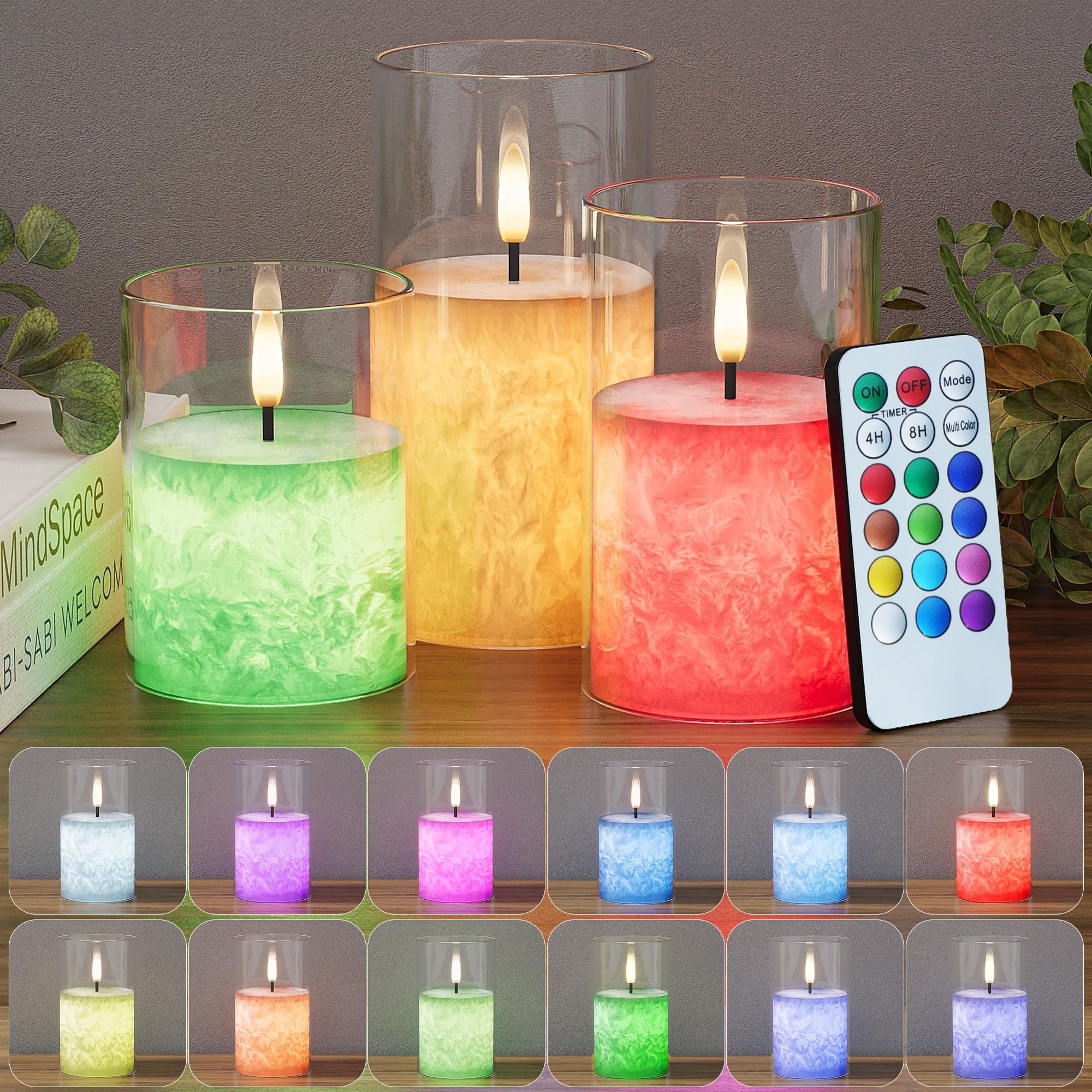 12Colors Flickering Flameless Candles With Remote & Timer, Real Wax Battery Operated Candles With Flickering Flame, Multi Color