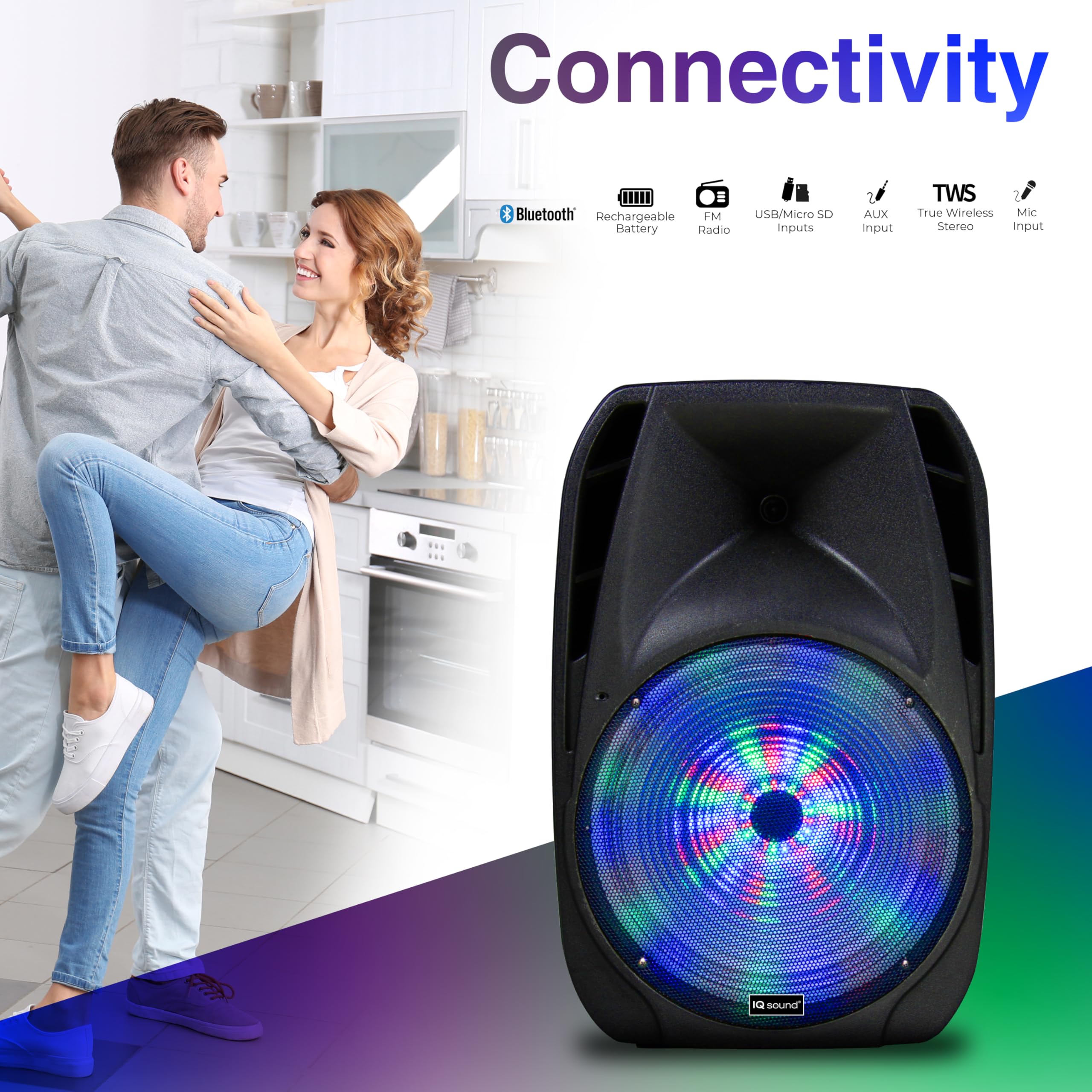 Iq Sound Iq-4415Djbt 15-Inch Professional Bluetooth Speaker With Tripod Stand, 900 Watts, Moonlight Glow, Usb/Micro Sd/Mic Input