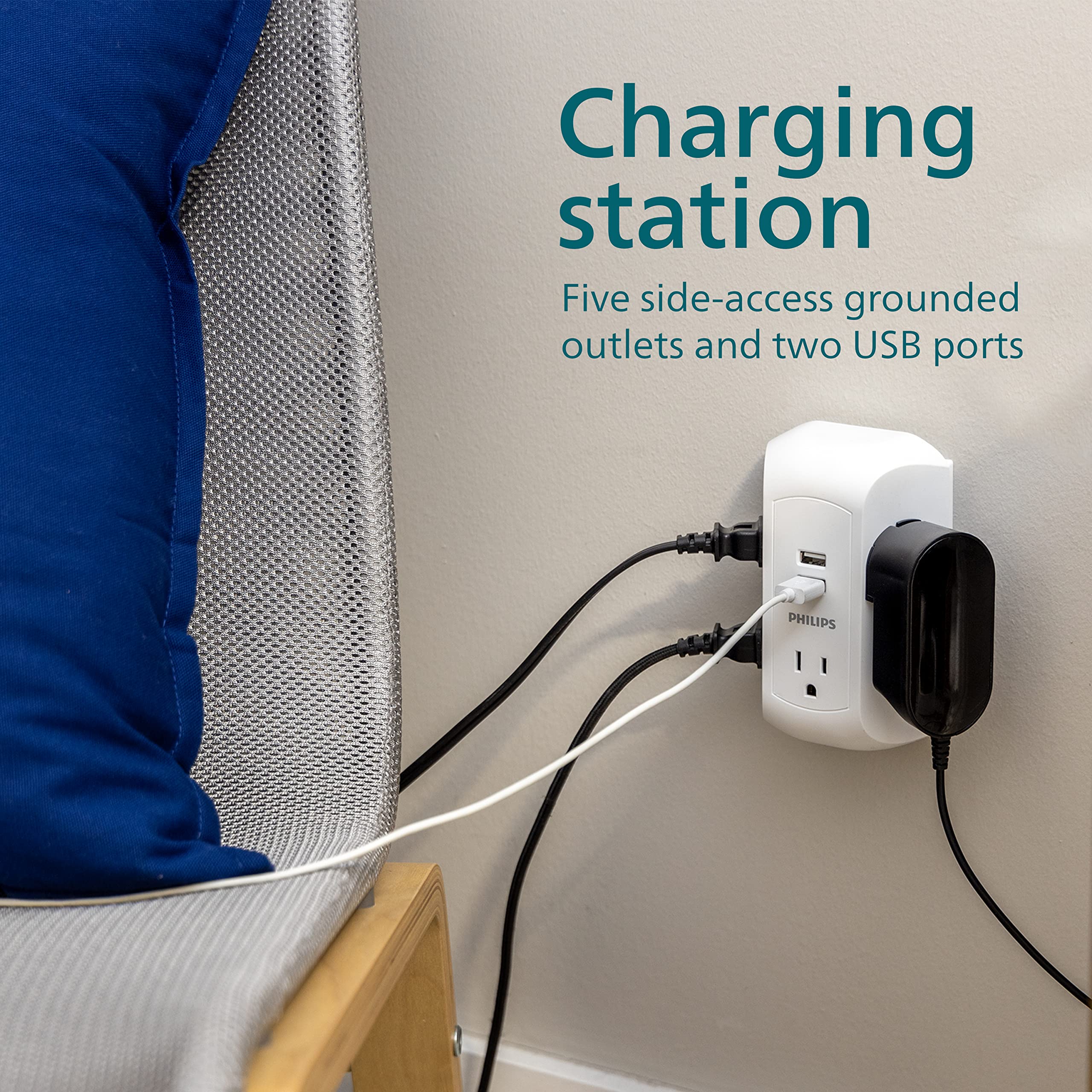 Philips 5 Outlet Extender, Grounded Wall Tap, 3 Prong, 2 Usb A, Surge Protector, Adapter Spaced Outlets, Side Access, 560 Joules