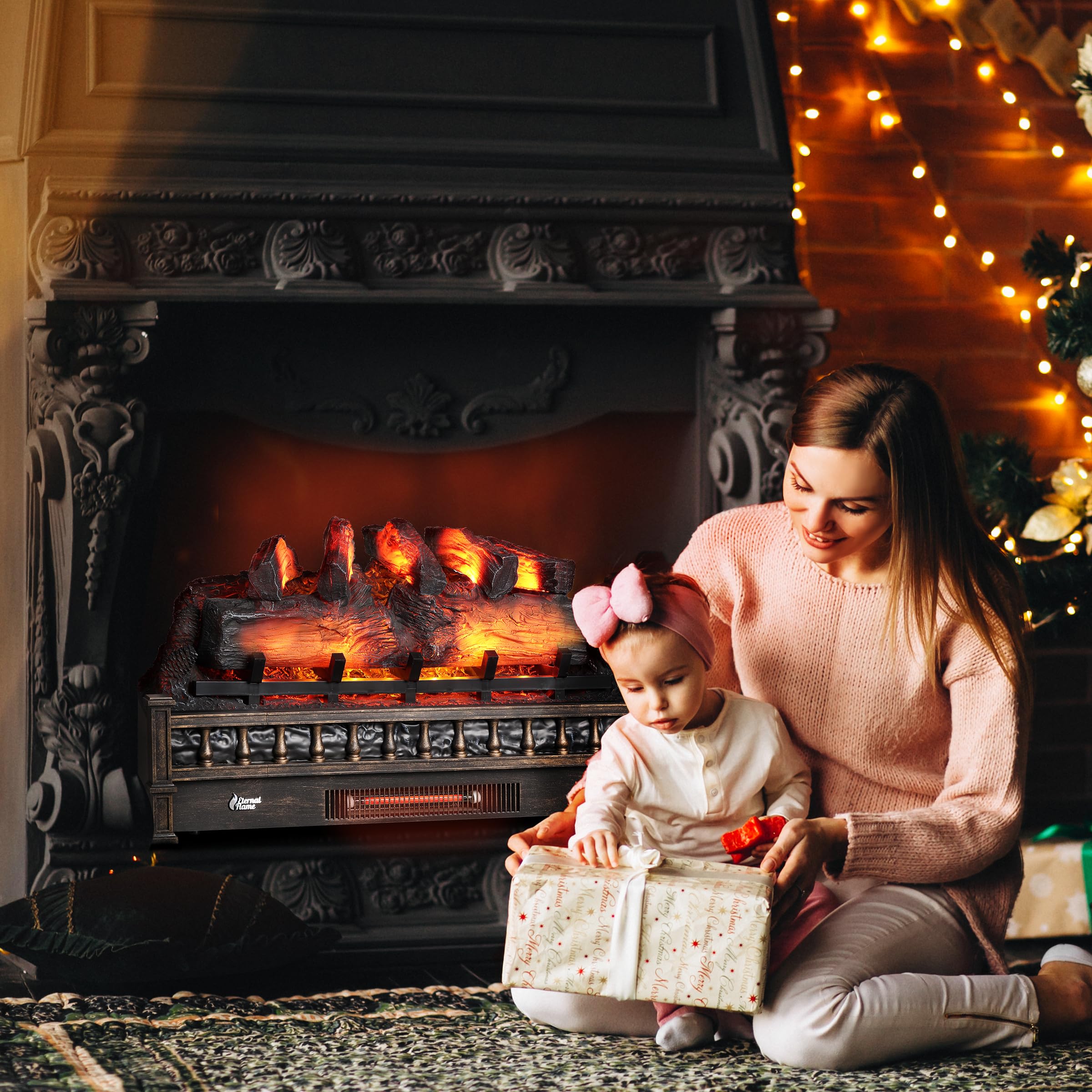 Turbro Eternal Flame 30 In. Wifi Infrared Quartz Electric Fireplace Log Heater With Sound Crackling, Realistic Pinewood Logs, Ad
