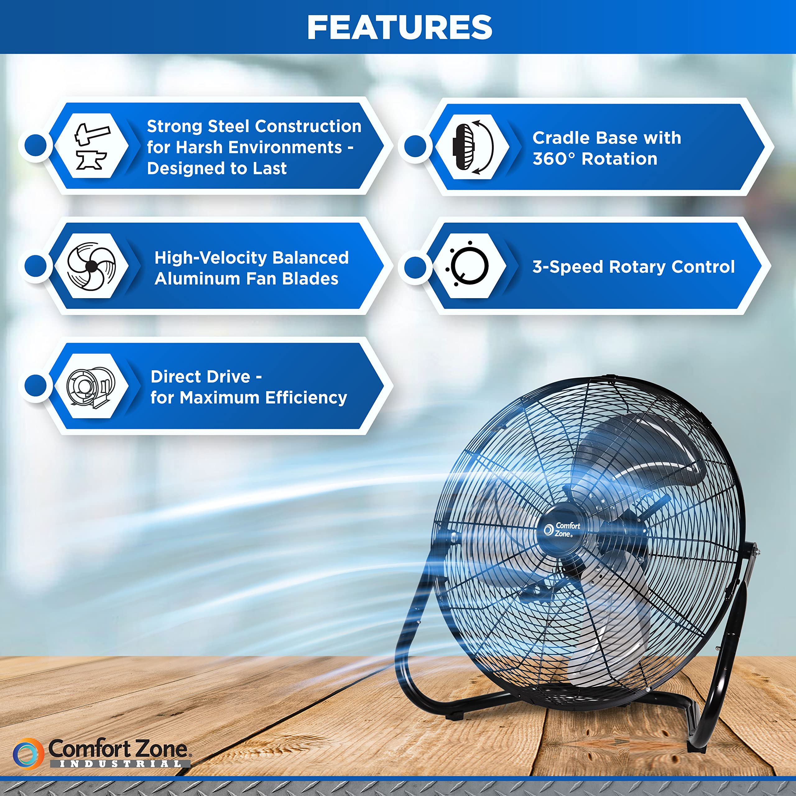 Comfort Zone Cradle Floor Fan, Electric, High Velocity,180 Degree Adjustable Tilt, 18 Inch, 3 Speed, Carry Handle, Rubber Feet,