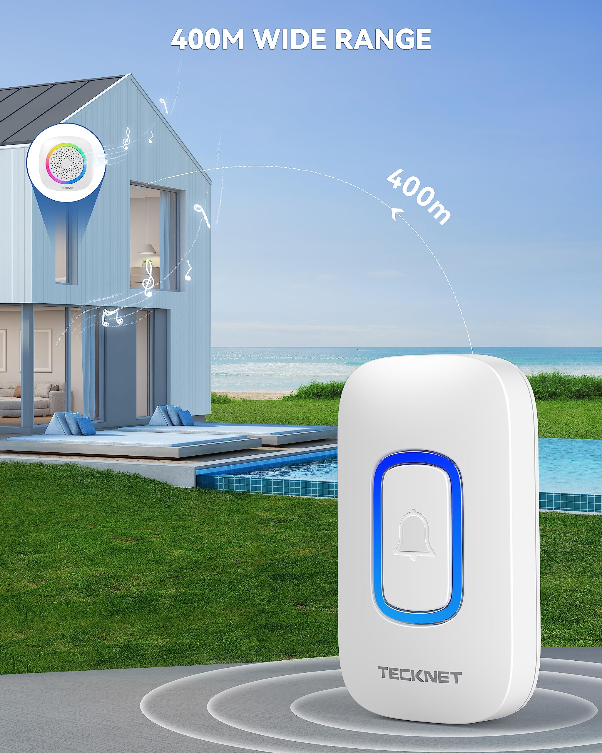 Tecknet Wireless Doorbell, Portable Doorbell With Rgb Light, Battery Powered Ip66 Waterproof Cordless Door Chime Kit, 1300 Ft Wi