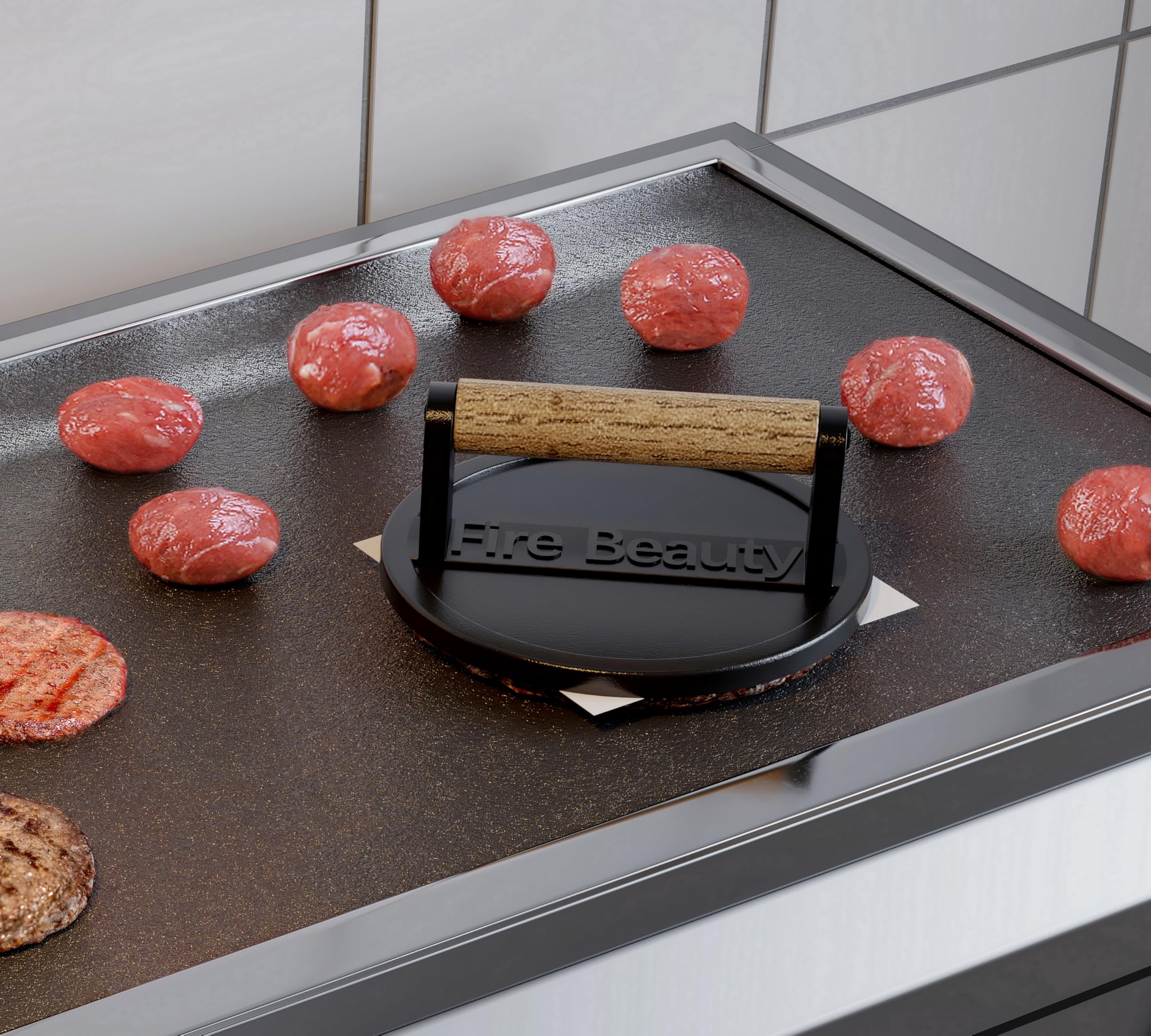 Fire Beauty Burger Press,6.5 Grill Press Enamel Surface,Cast Iron Grill Press with Wood Handle,Food-Grade Smash Burger Press for