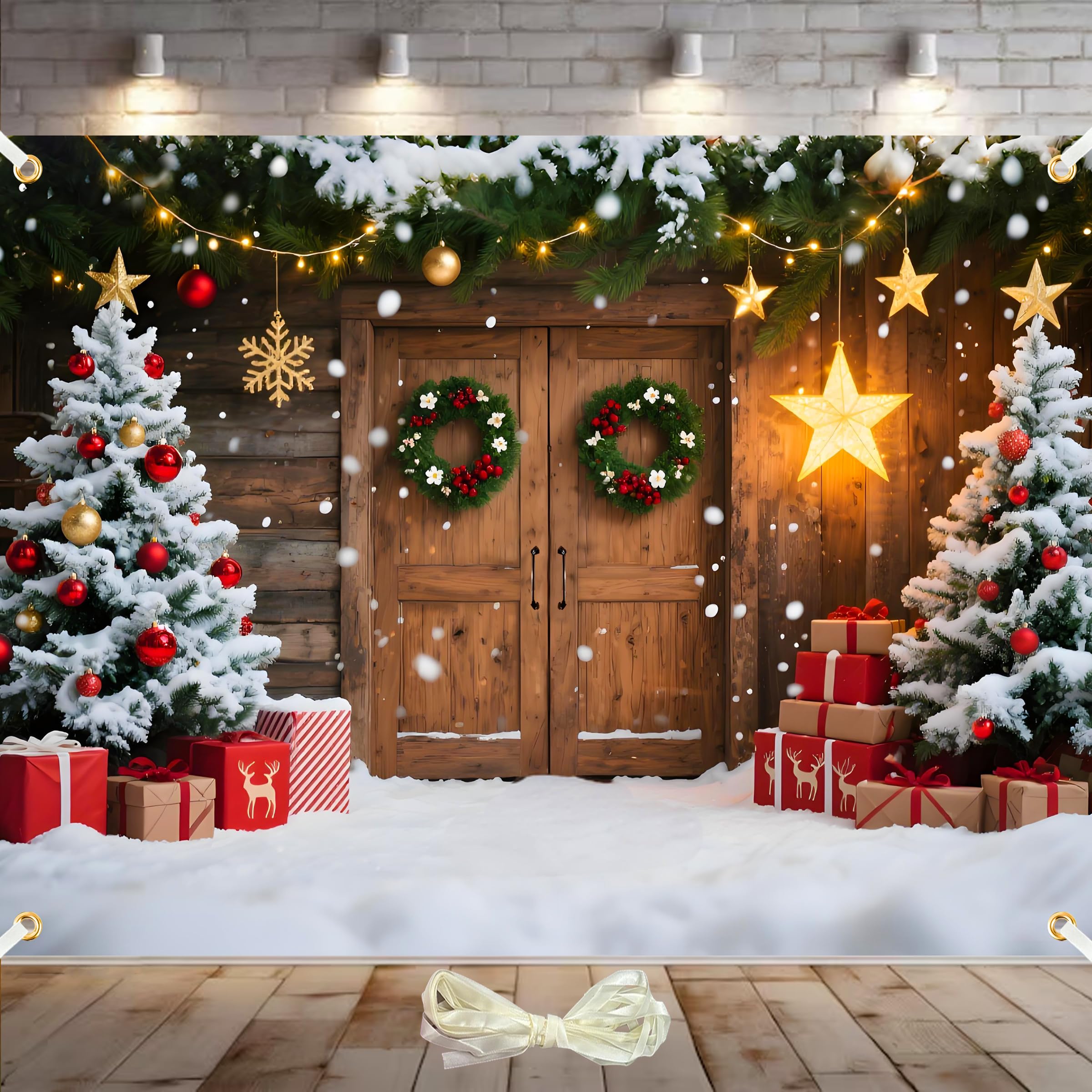 8x6ft Christmas Backdrop Rustic Barn Wood Door Backdrops for Photography Christmas Tree Snow Gift Photo Background Family Holida