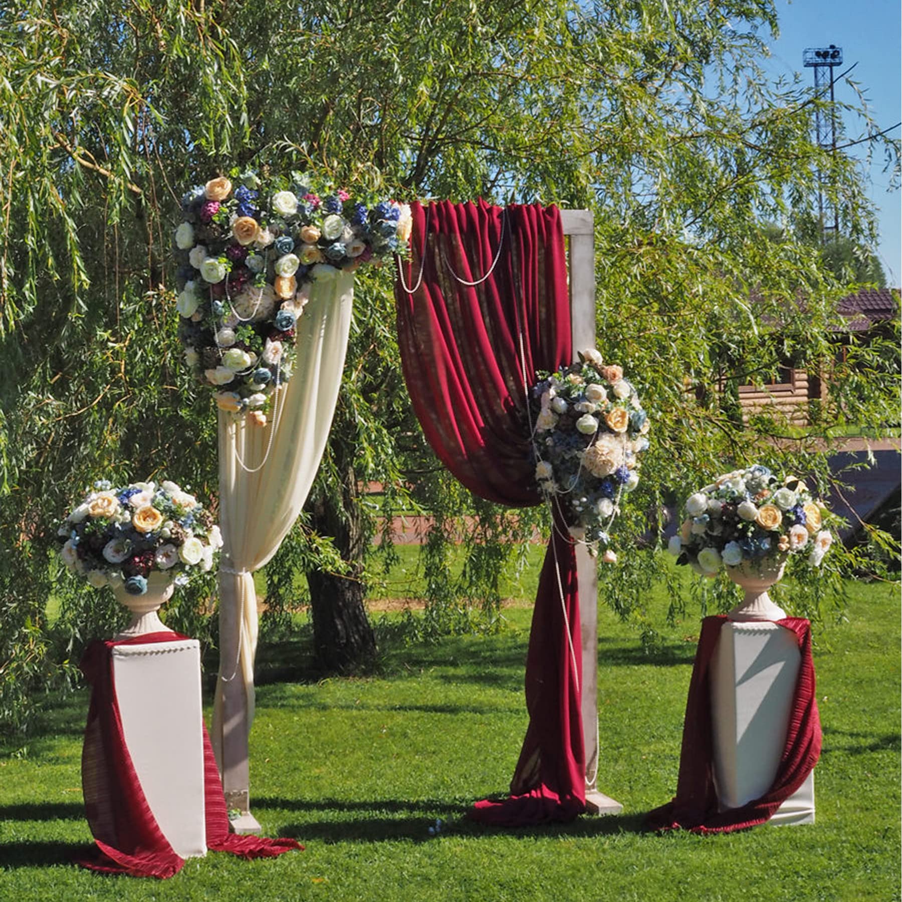 Wedding Arch Draping Fabric, 2 Panels Burgundy Sheer Backdrop Curtain Tulle Fabric Drapery For Arbor Wedding Archway Ceremony Pa