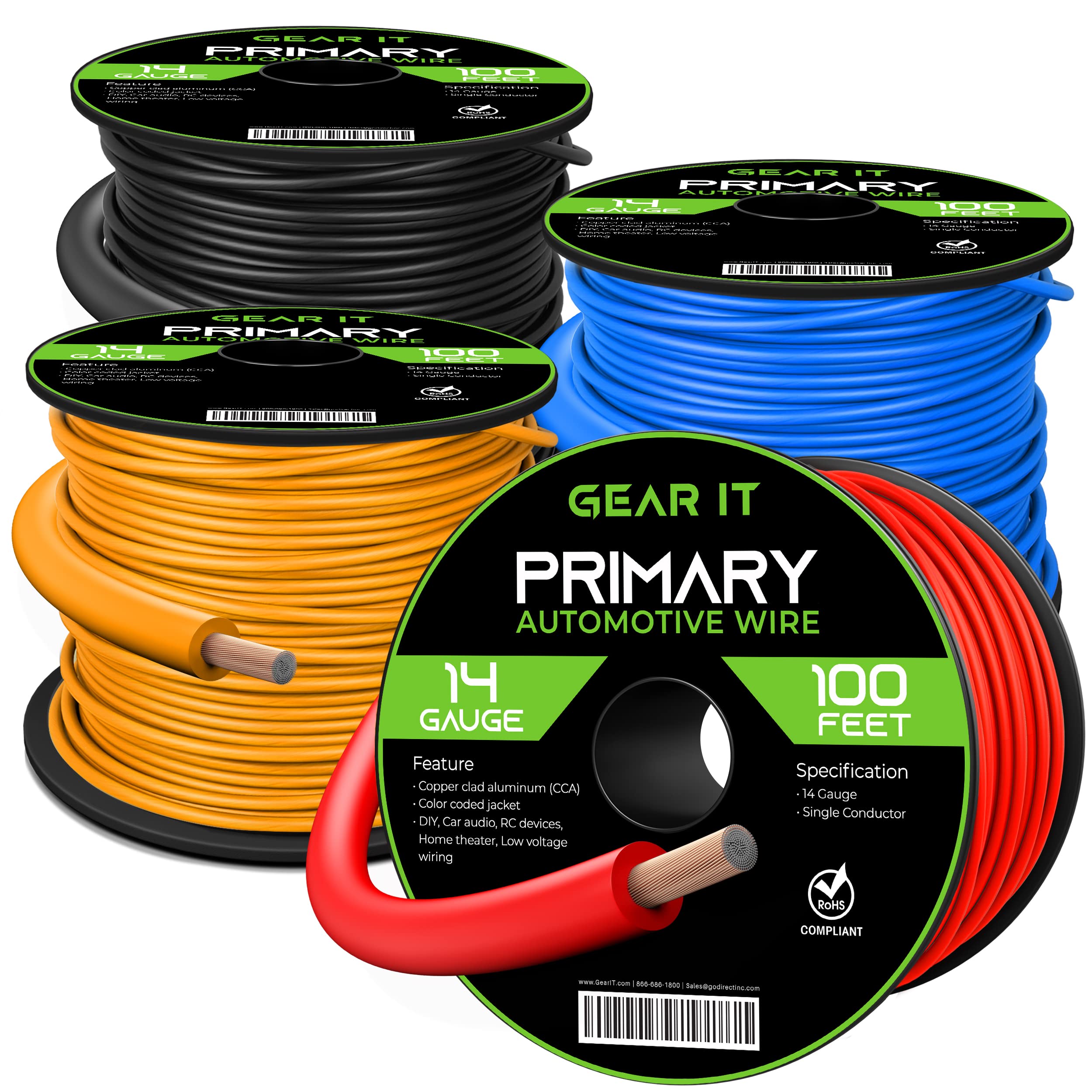 GEARit 14 Gauge Wire (100ft Each Black/Red/Blue/Yellow) Copper Clad Aluminum CCA  Primary Automotive Power/Ground Battery Cabl