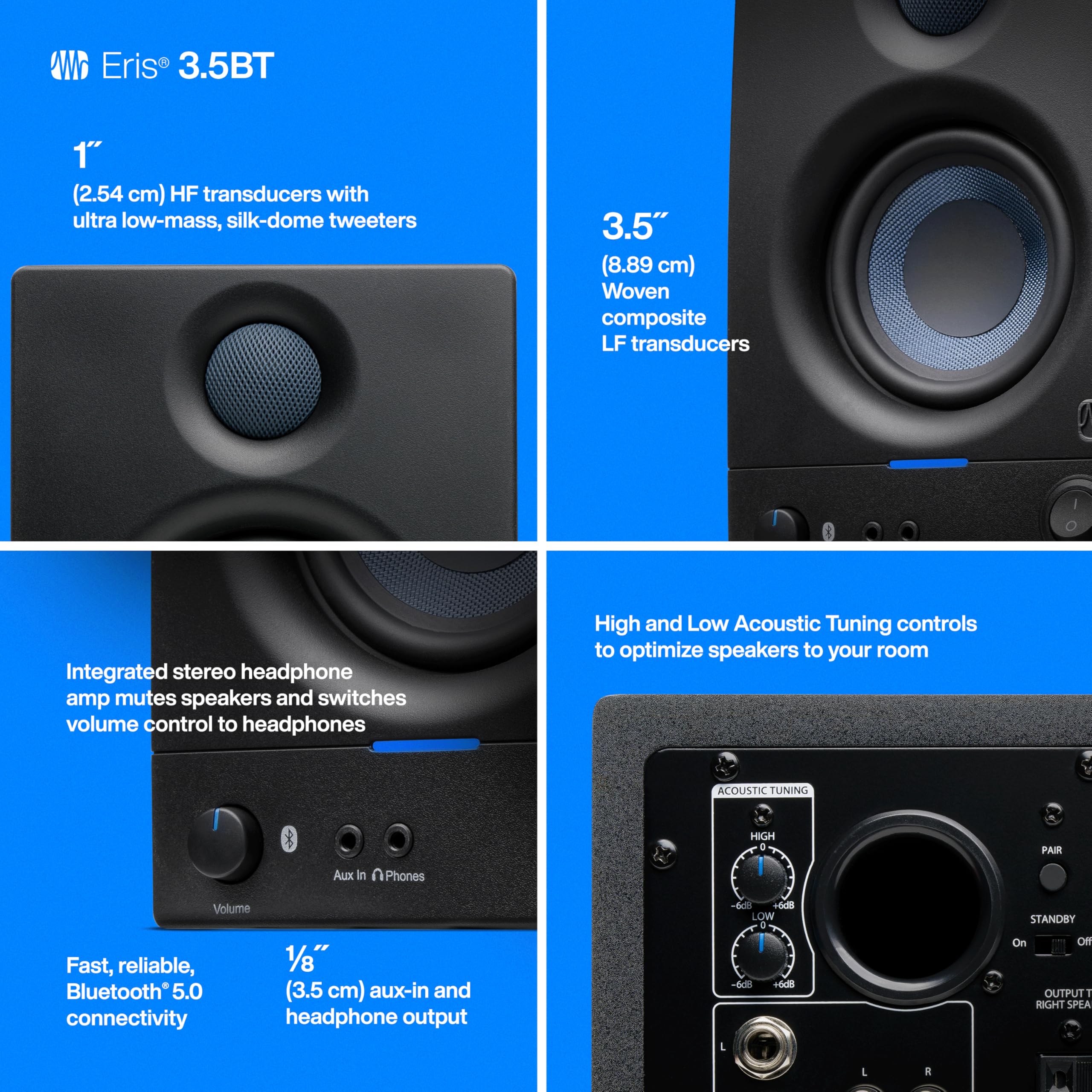Presonus Eris 3.5Bt Bluetooth Studio Monitors, Pair   Powered, Active Monitor Speakers For Desktop, Turntable, Record Player, Bo