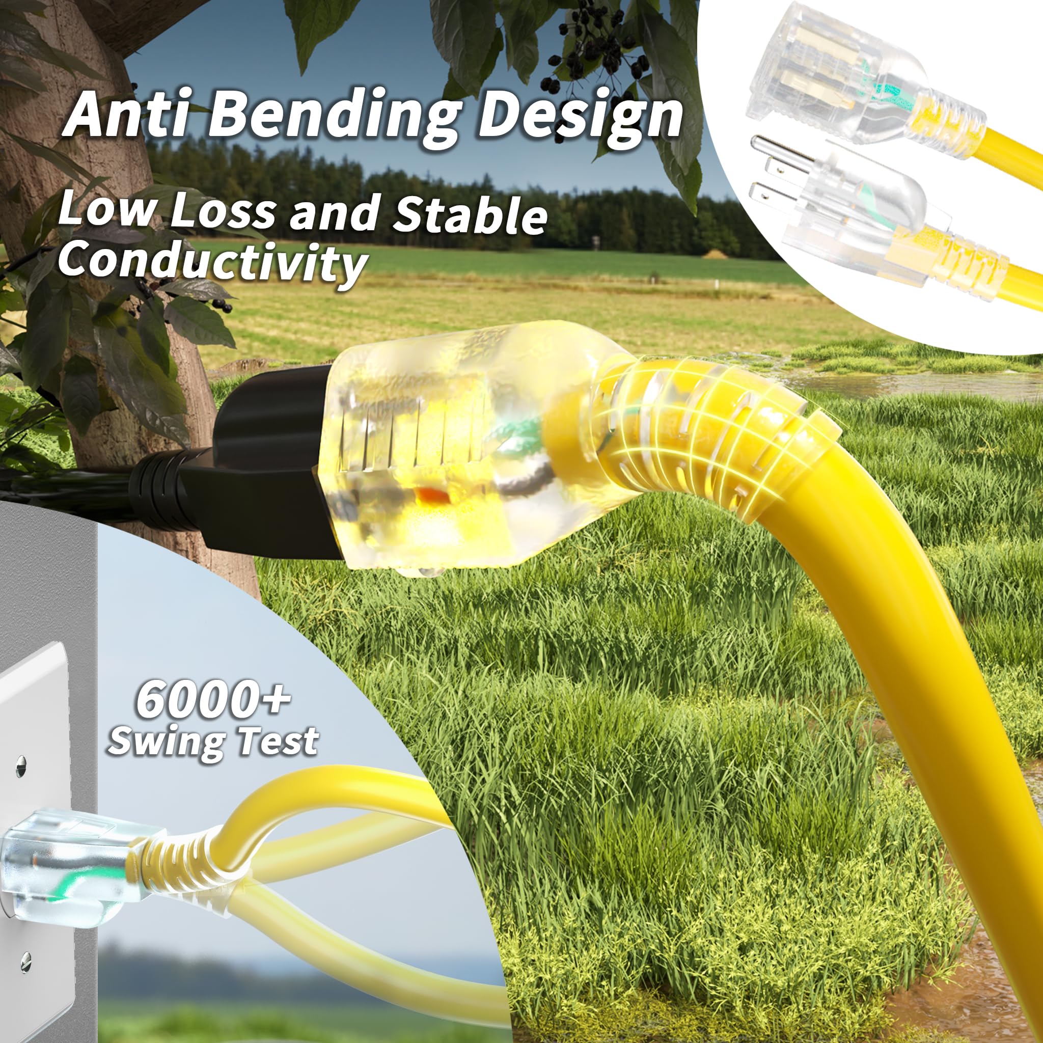 Plugsaf 3Ft 12/3 Gauge Outdoor Extension Cord Waterproof With Lighted Indicator, 12 Gauge Heavy Duty 15Amp 1875W, 3 Prong Cords