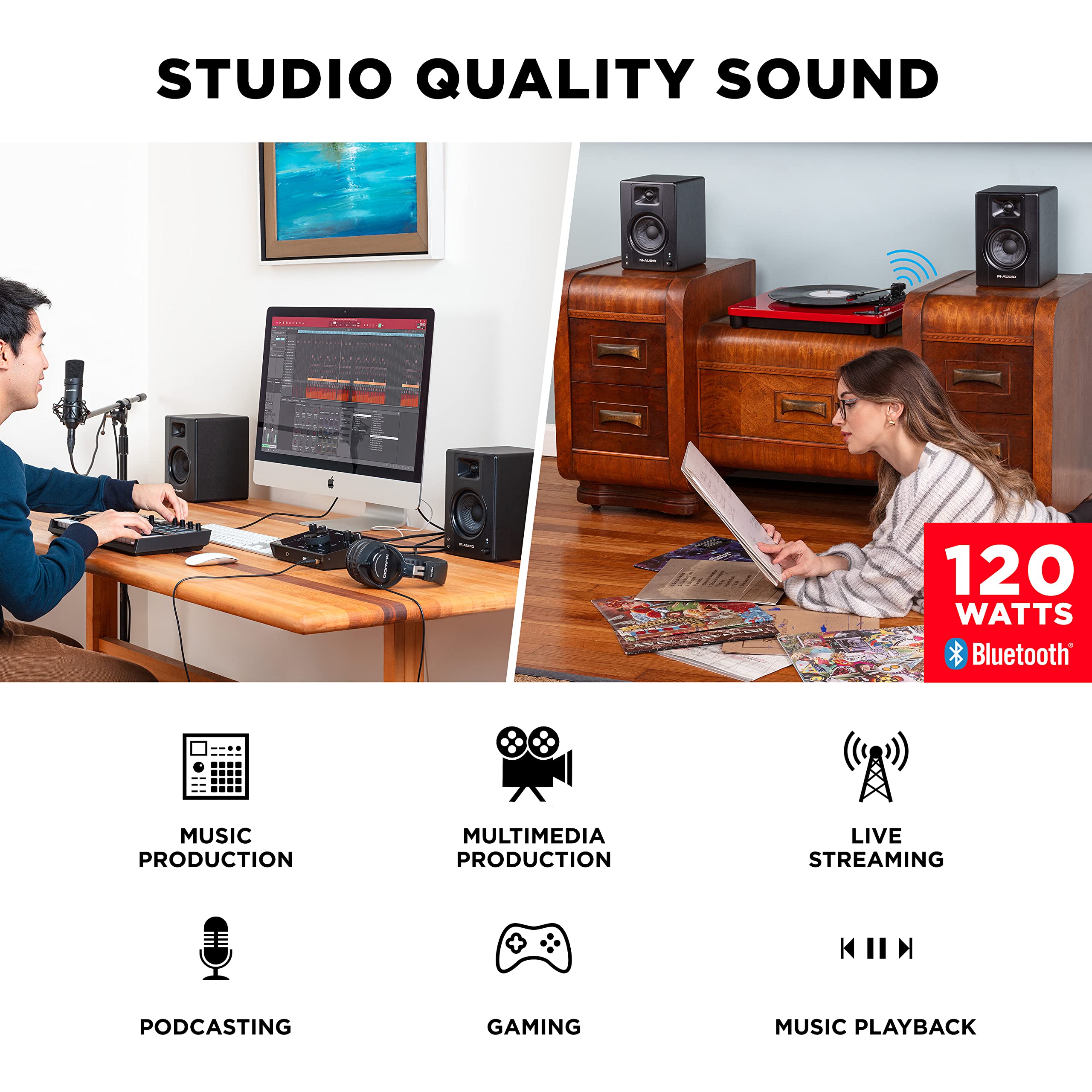 M Audio Bx4Bt 4.5'' Studio Monitors & Pc Speakers With Bluetooth For Recording And Multimedia With Music Production Software, 12