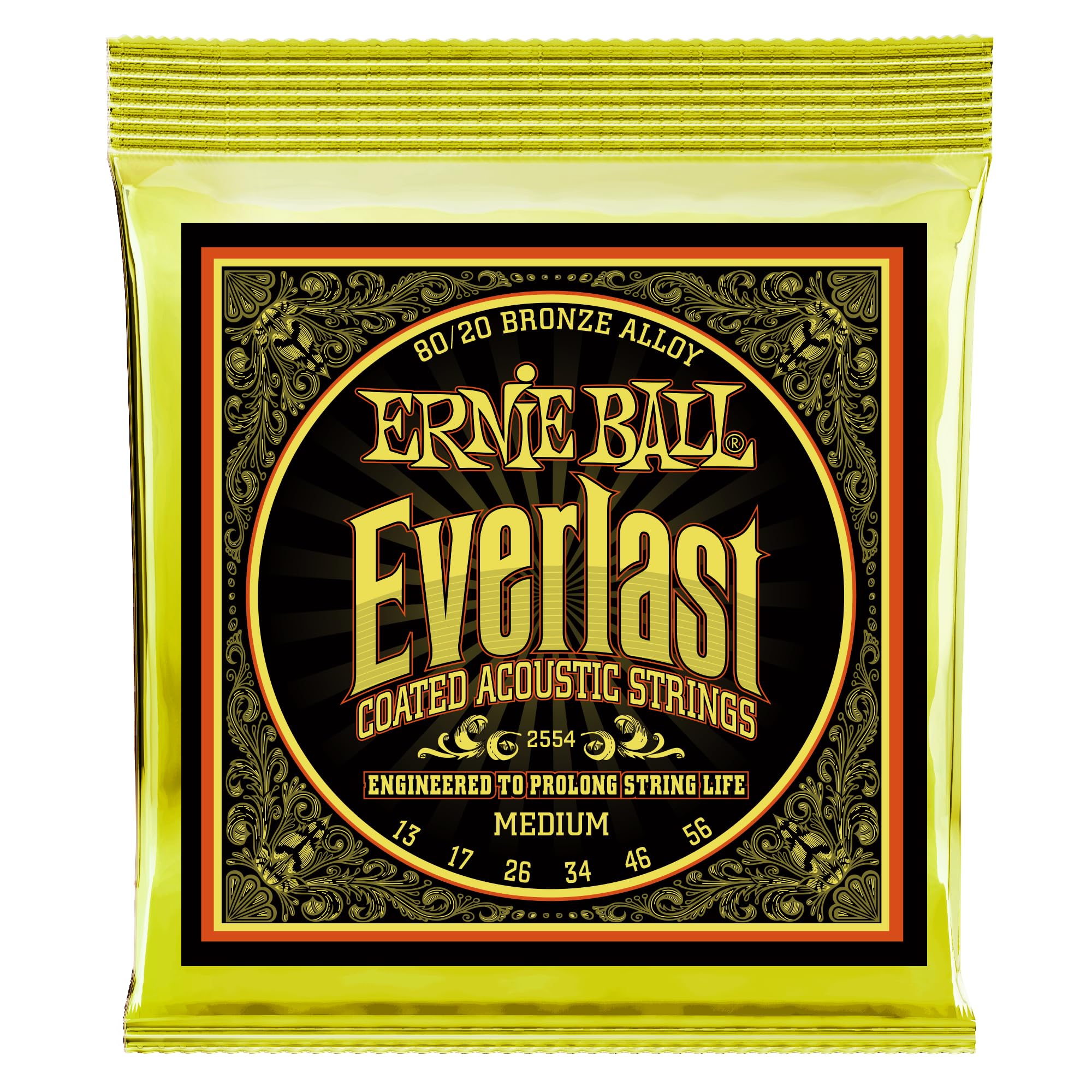 Ernie Ball Everlast Medium 80/20 Bronze Acoustic Guitar Strings, 13-56 Gauge (P02554)