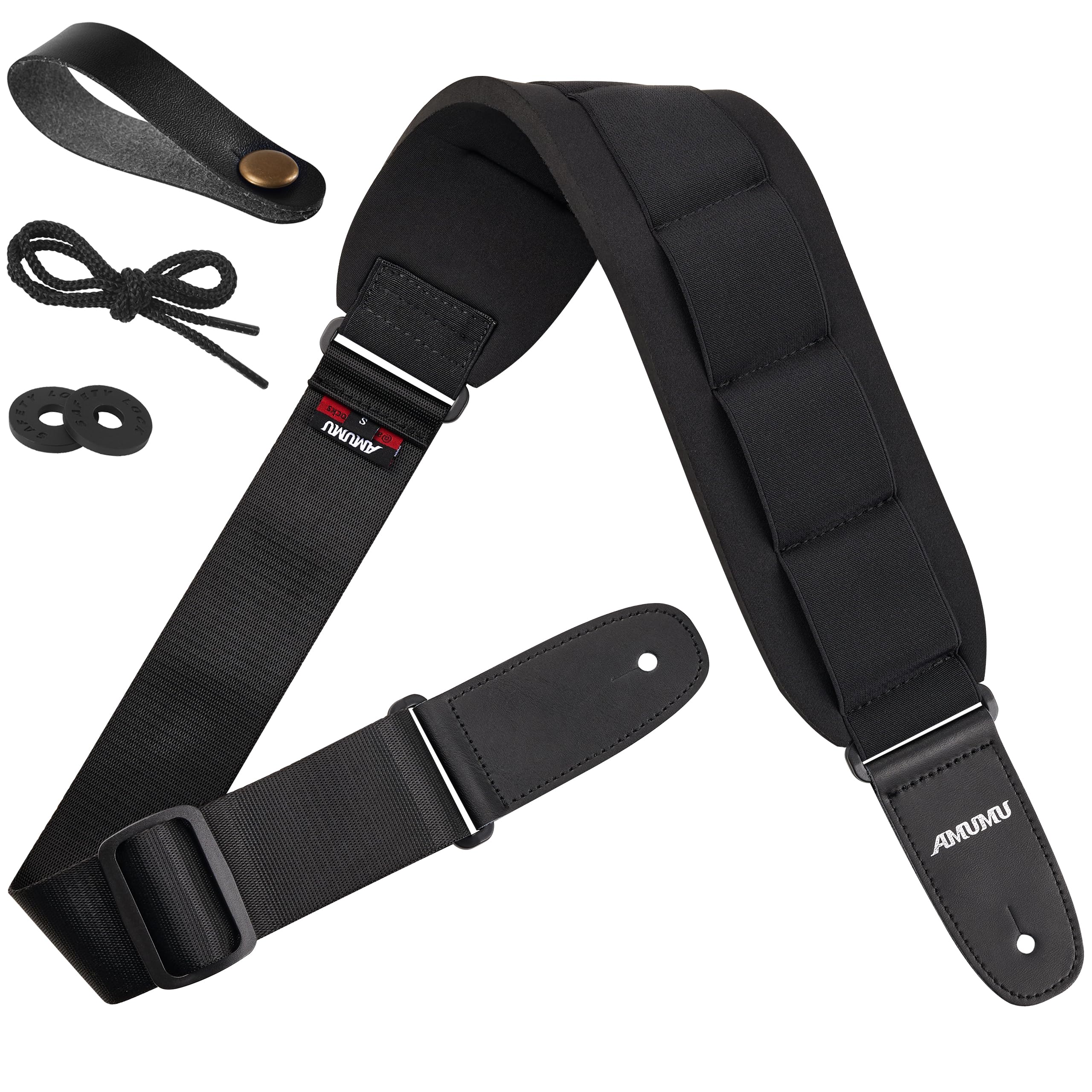 Amumu SBR Guitar Strap with 3.3 Wide Rubber Padded for Electric Guitar Bass Guitar, Black, 3.3 WideShort