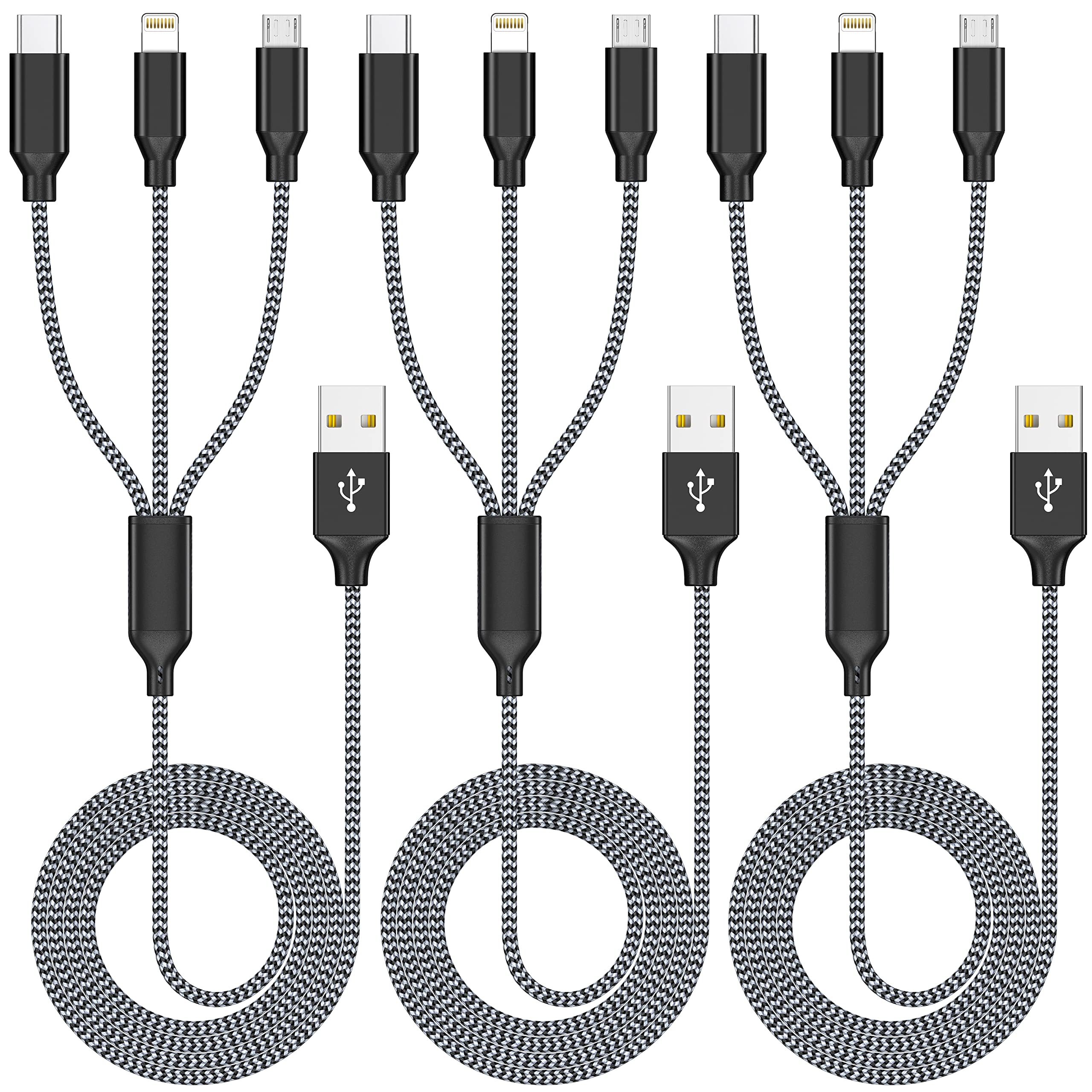 Multi Charging Cable 3Pack 4Ft Multiple Charger Cable Rapid Nylon Braided Cord Usb Charging Cable 3 In 1 Multi Phone Charger Cord With Type C Micro Lightning Usb Connectors For Cell Phones