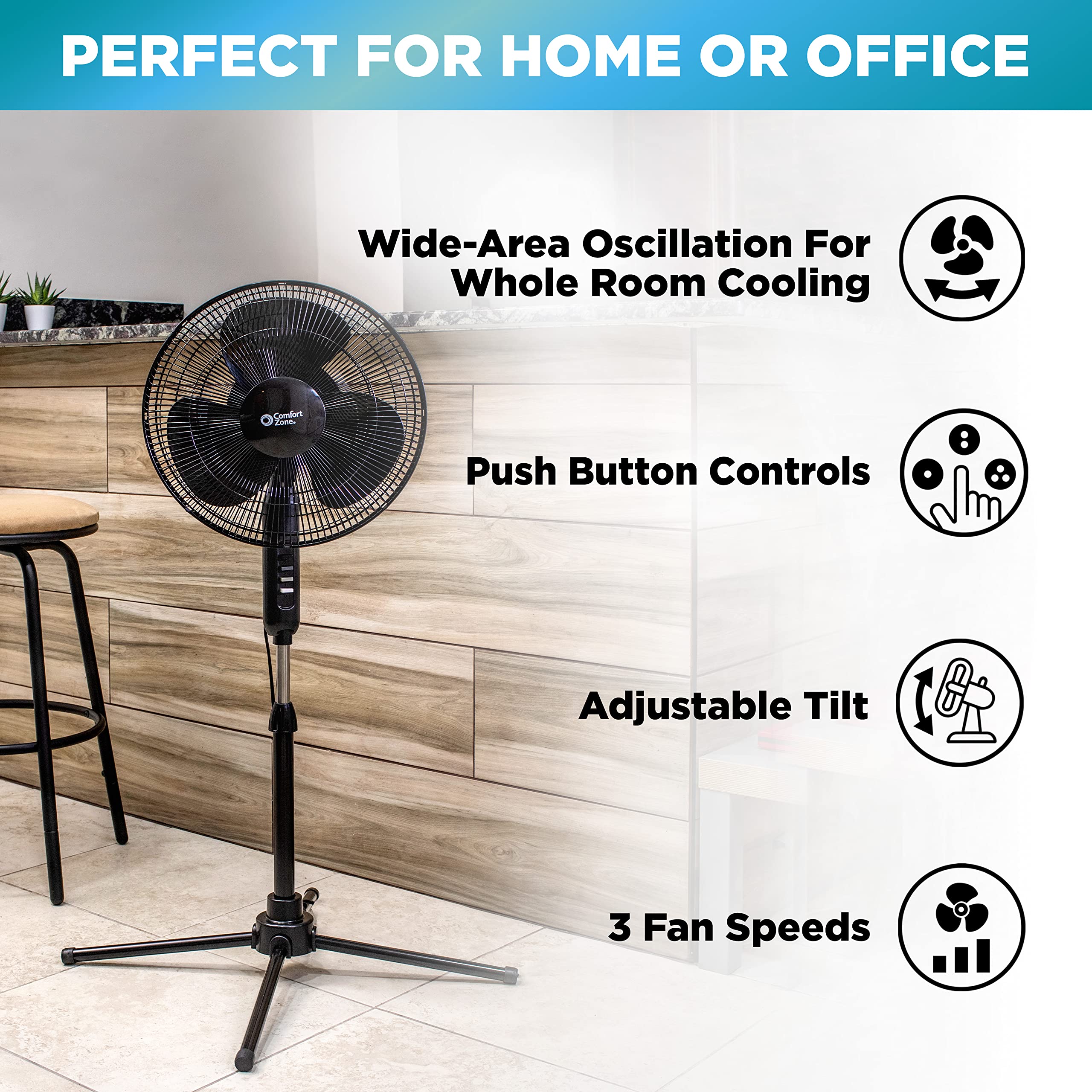 Comfort Zone Czst161Btebk 16       Oscillating Pedestal Fan, 3 Speed Options, 90 Degree Oscillating Head, Adjustable Height And