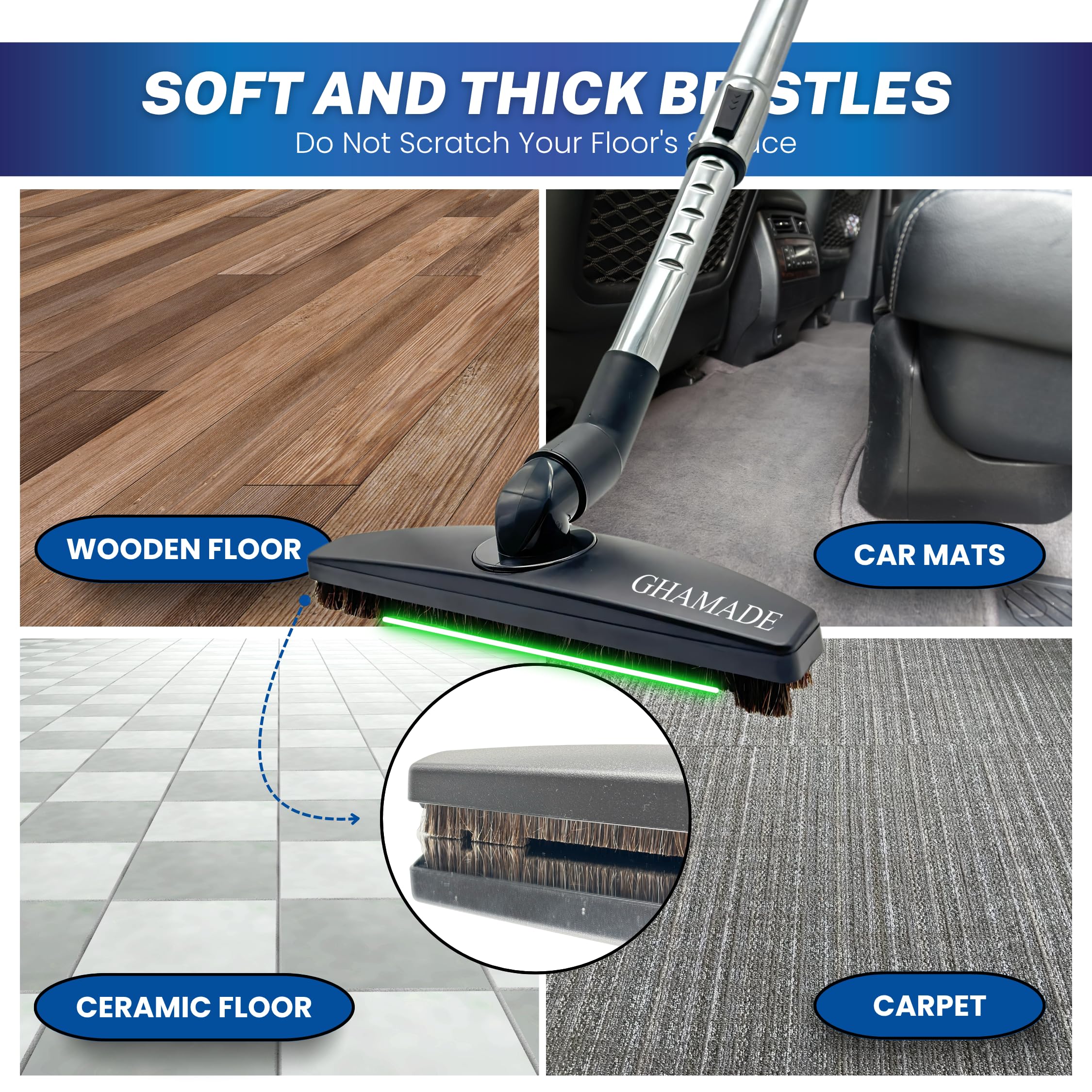 Vacuum Floor Brush & Extension Wand For Universal Vacuum Cleaners With 1  Inch (1.25'') (32Mm) Inner Diameter With Horse Hair So