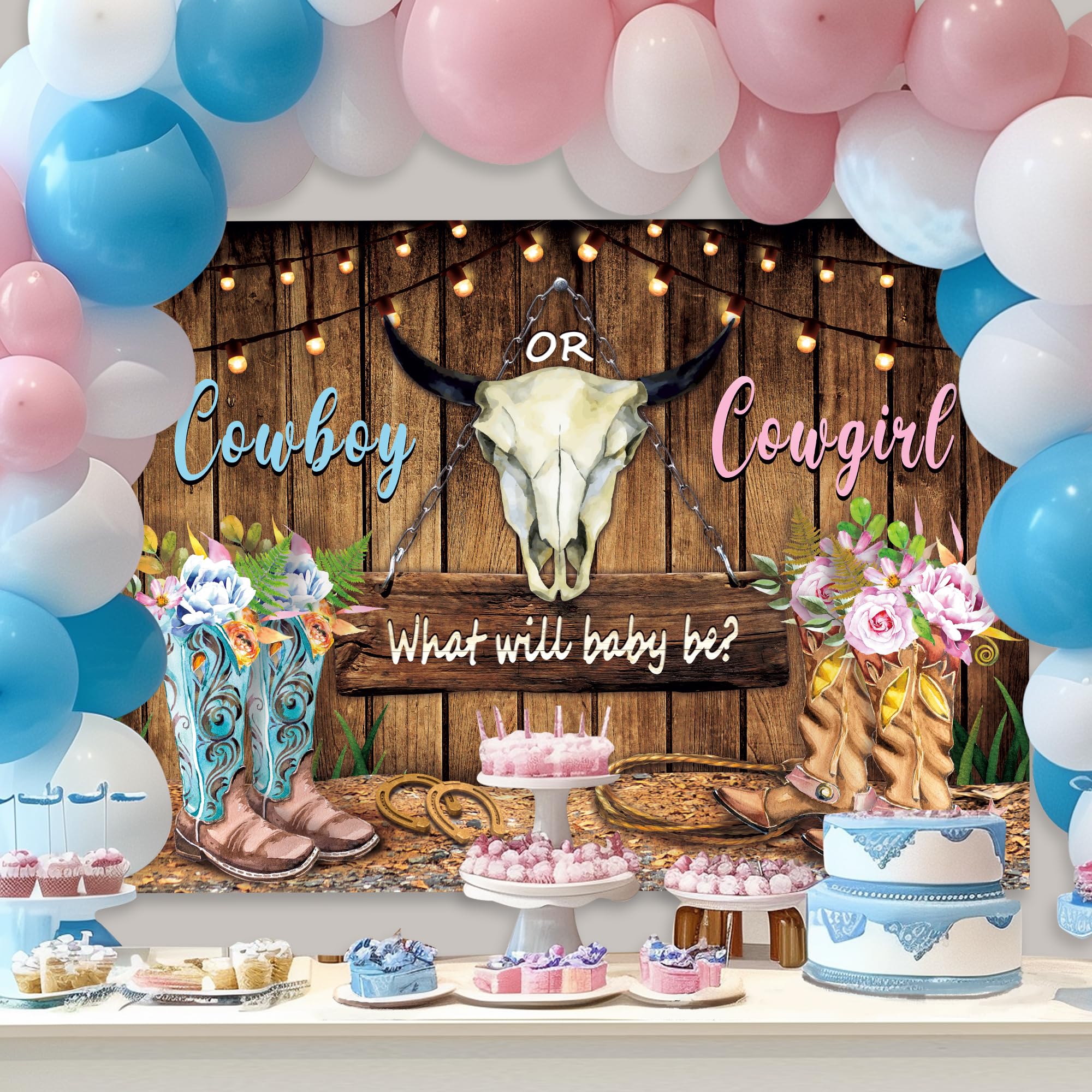 Lightinhome Western Gender Reveal Backdrop 7Wx5H Feet Floral Rustic Wood Cowboy Or Cowgirl What Will Baby Be Boots Baby Shower P